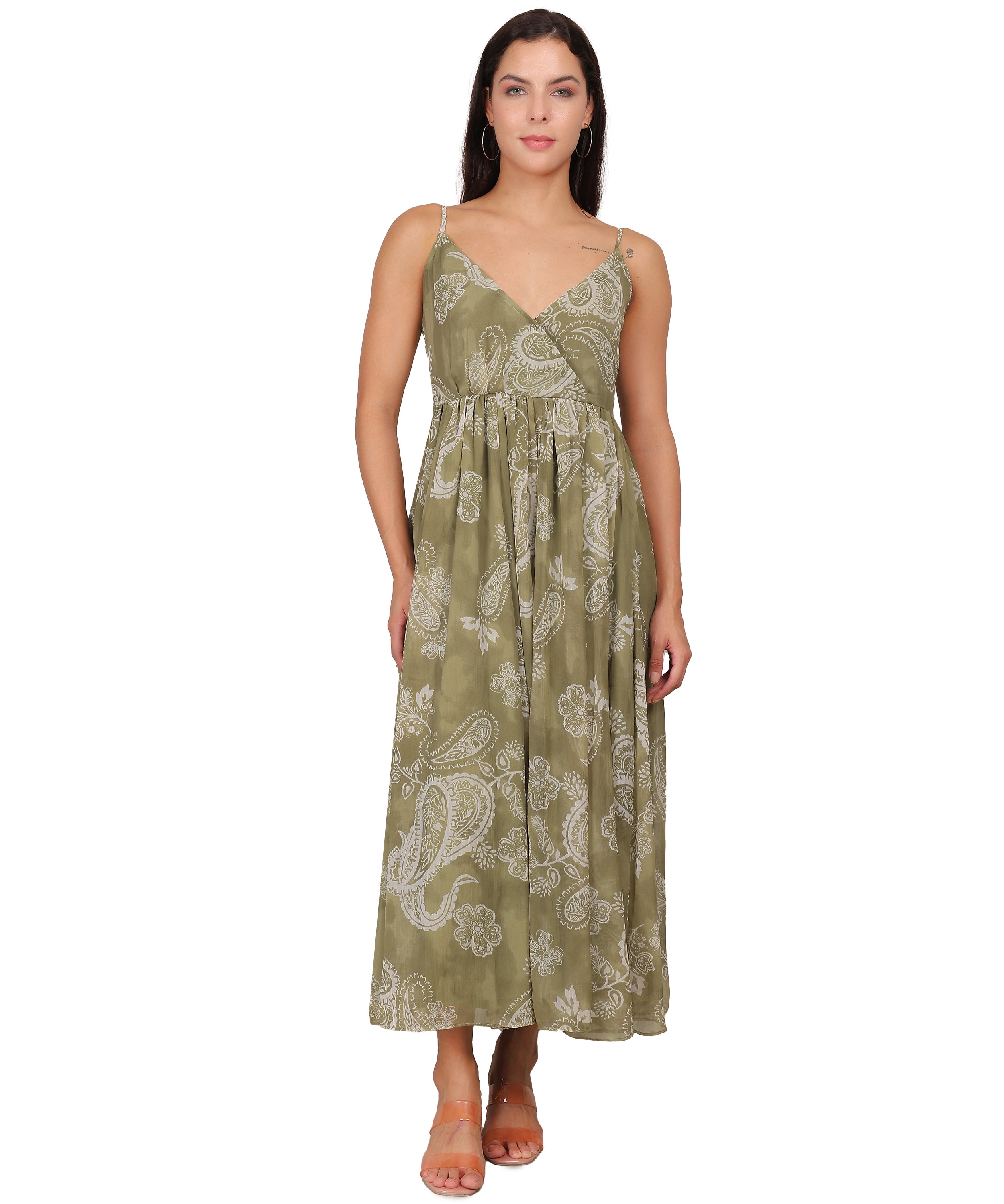 Olive Paisley V Neck Midi