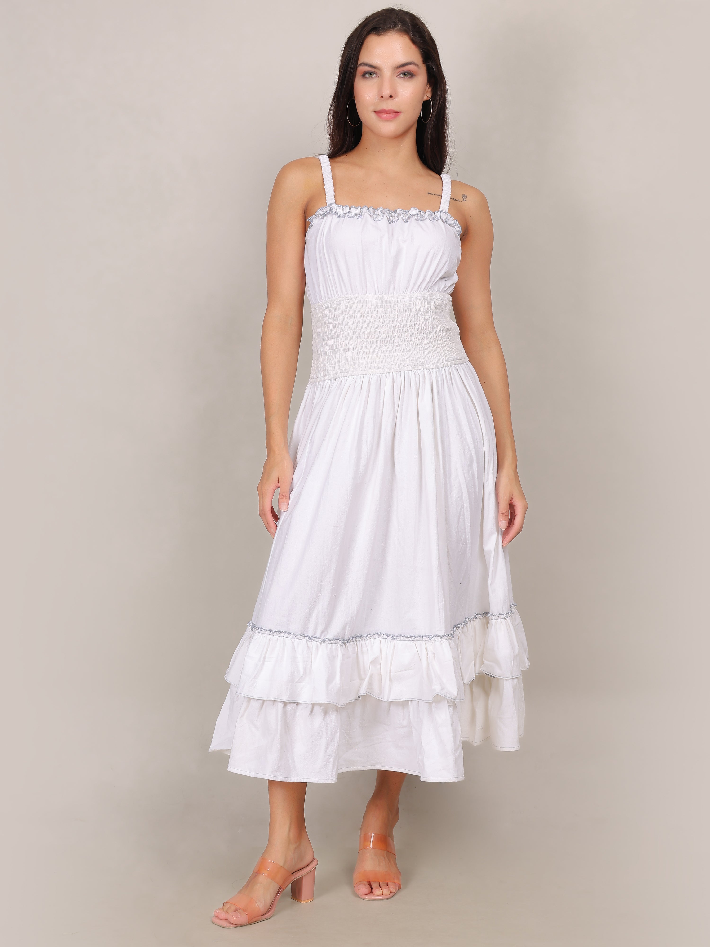 Elegant White Ruffle Midi