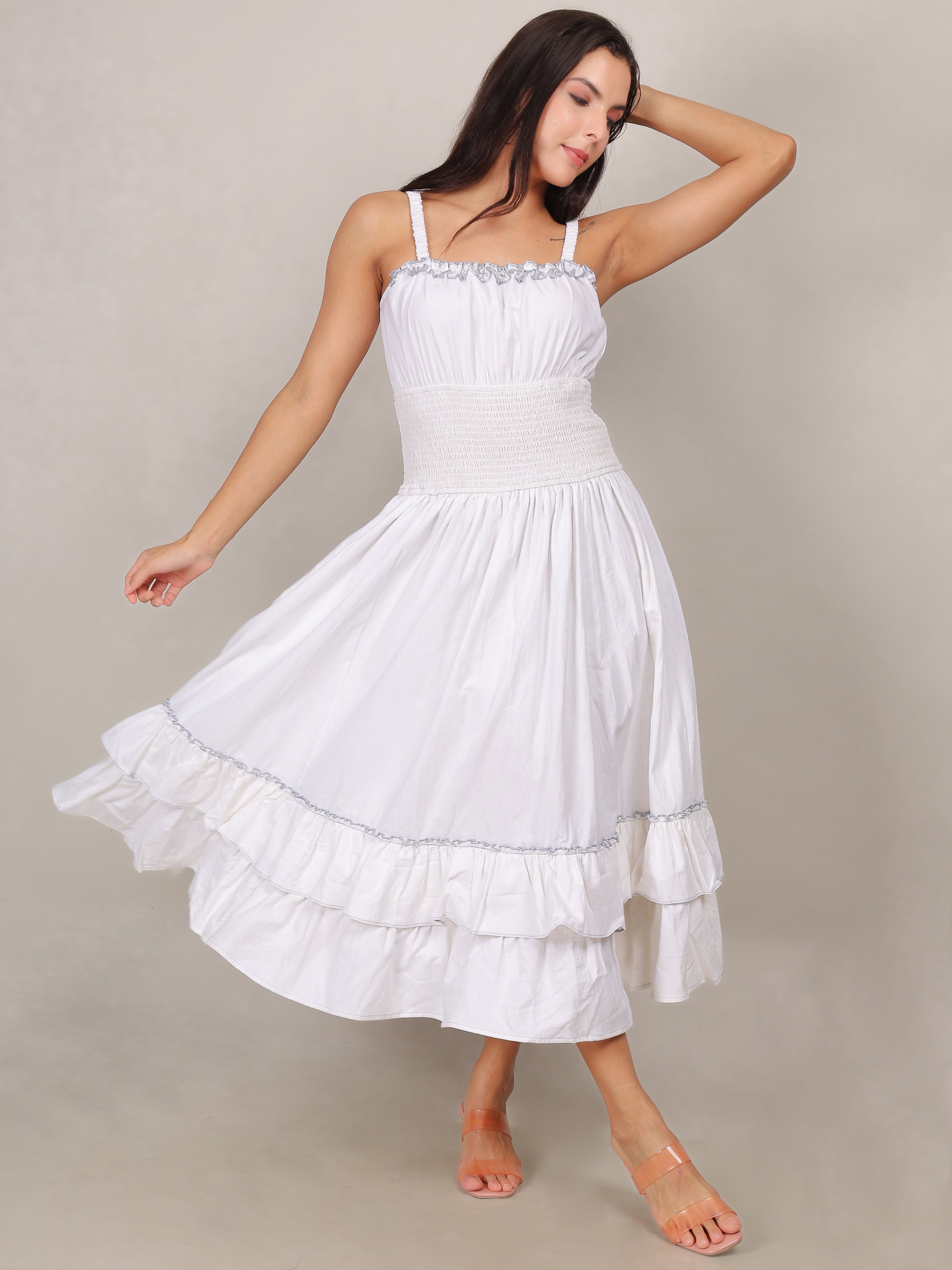 Elegant White Ruffle Midi