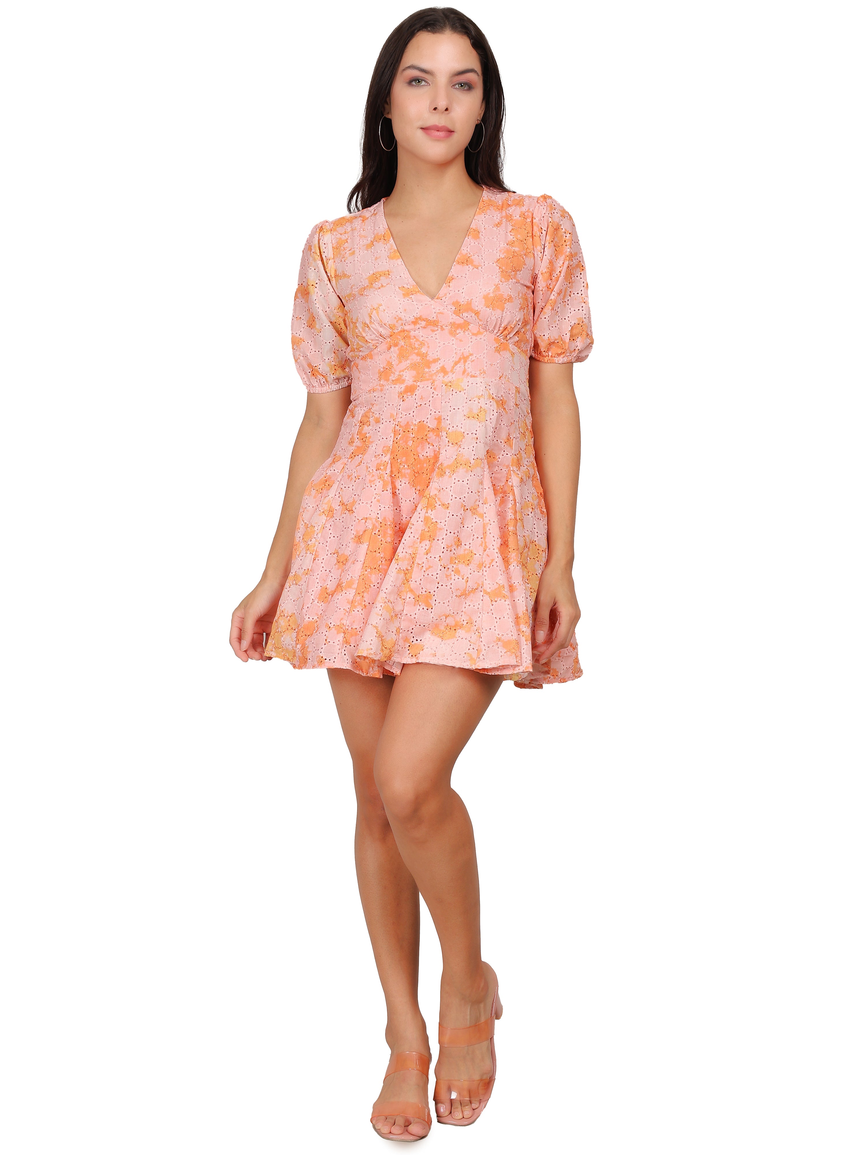 Peach tie-dye Puff Sleeve Mini Dress