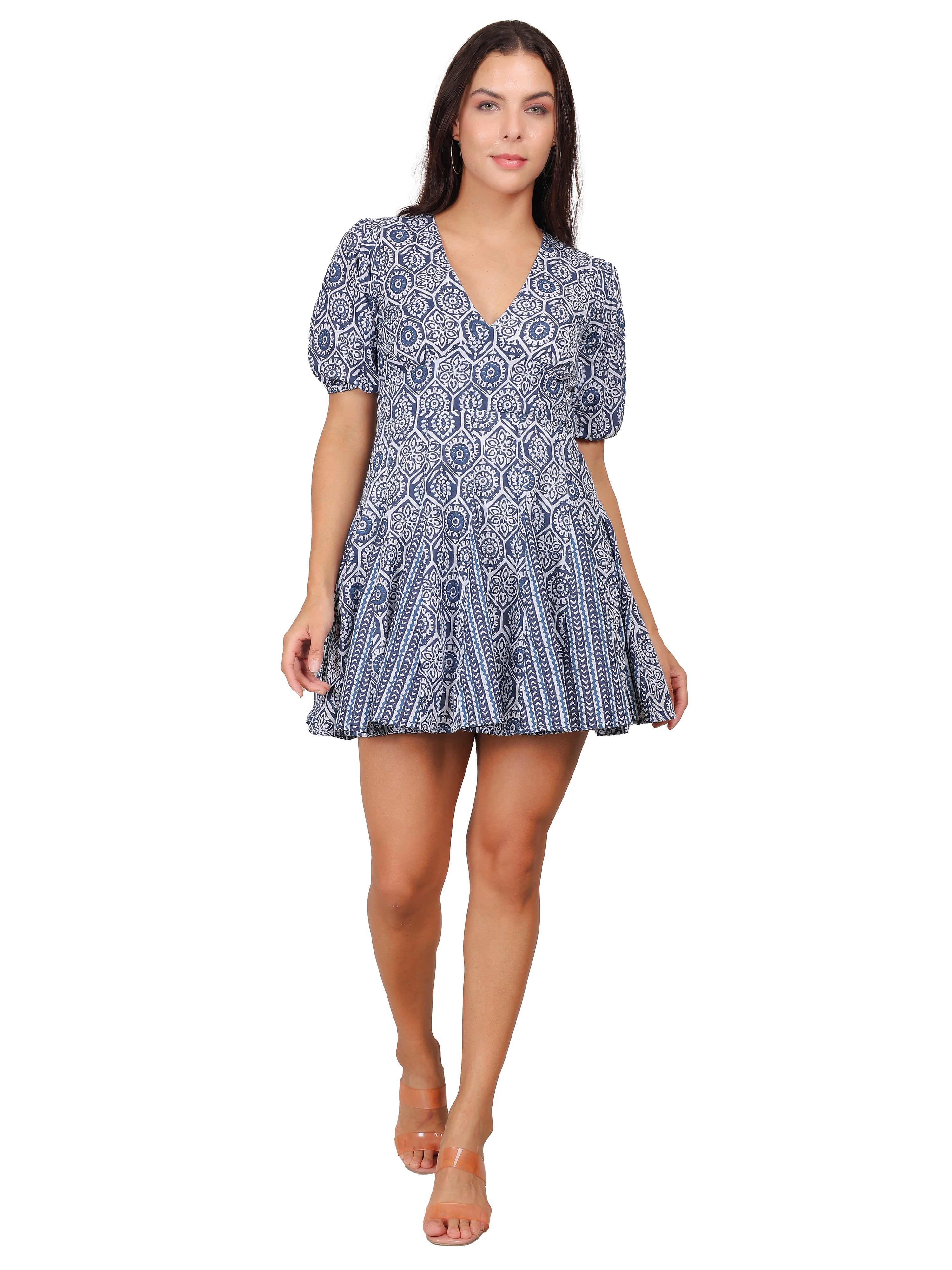 Indigo Print Puff Sleeve Mini Dress