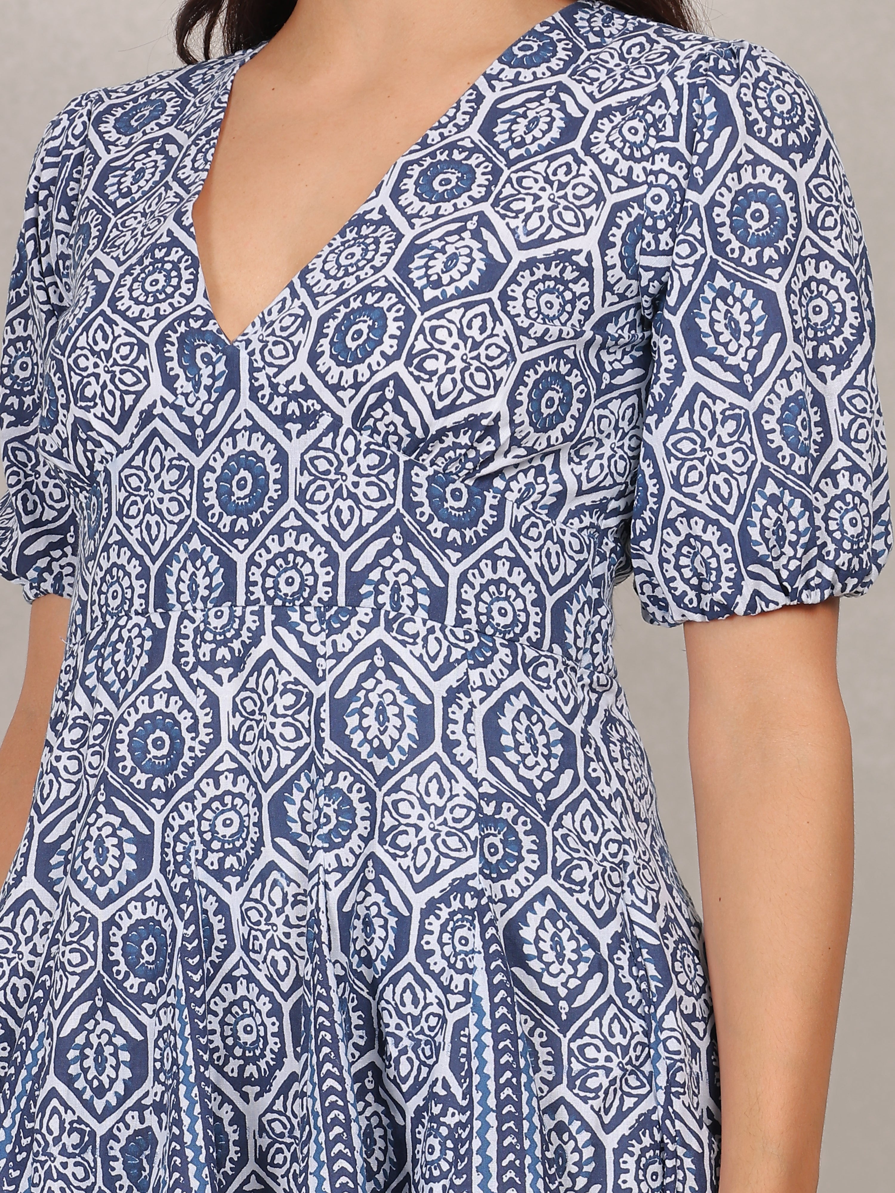 Indigo Print Puff Sleeve Mini Dress