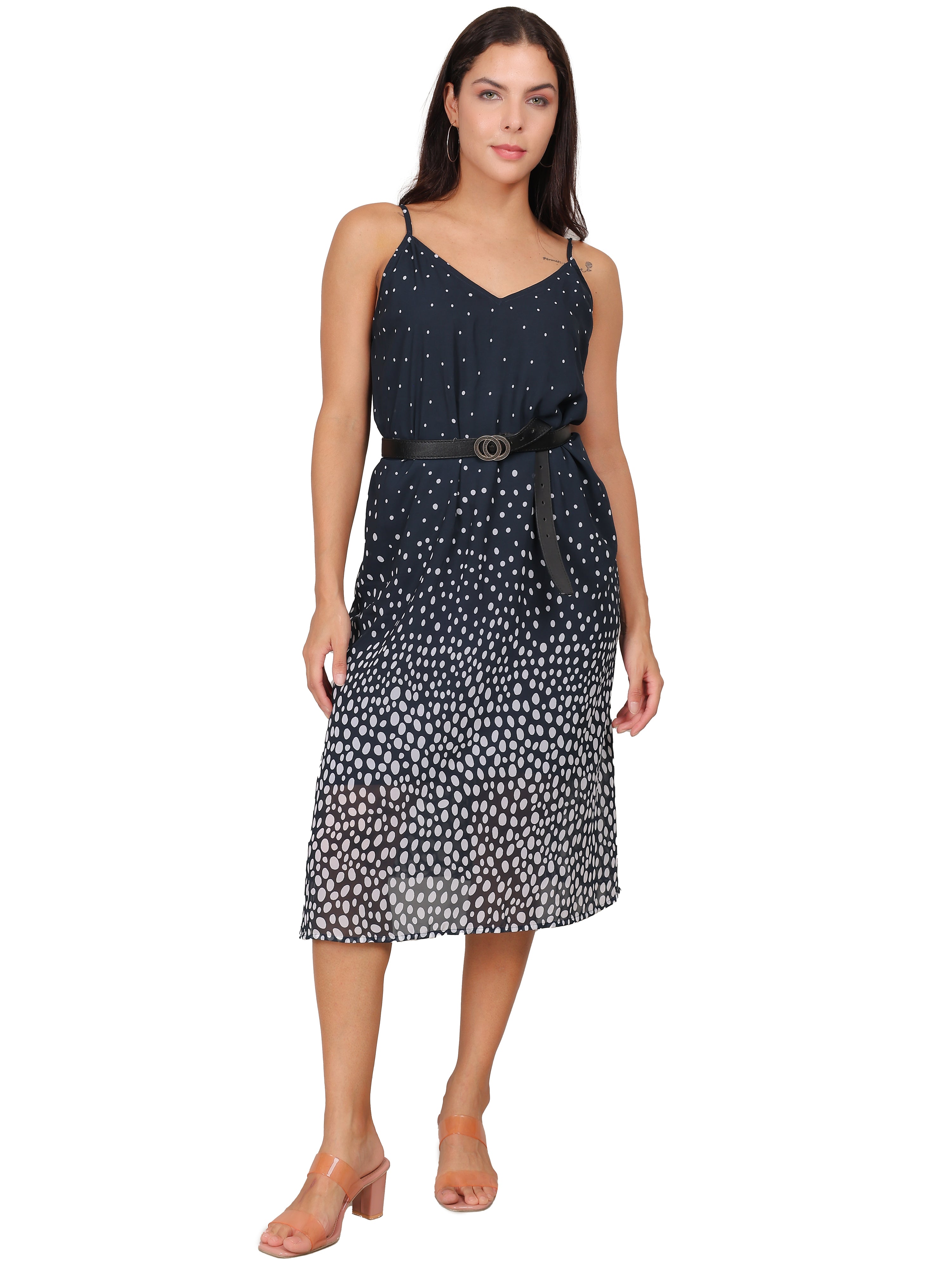 Midnight Dots Belted Midi Dress