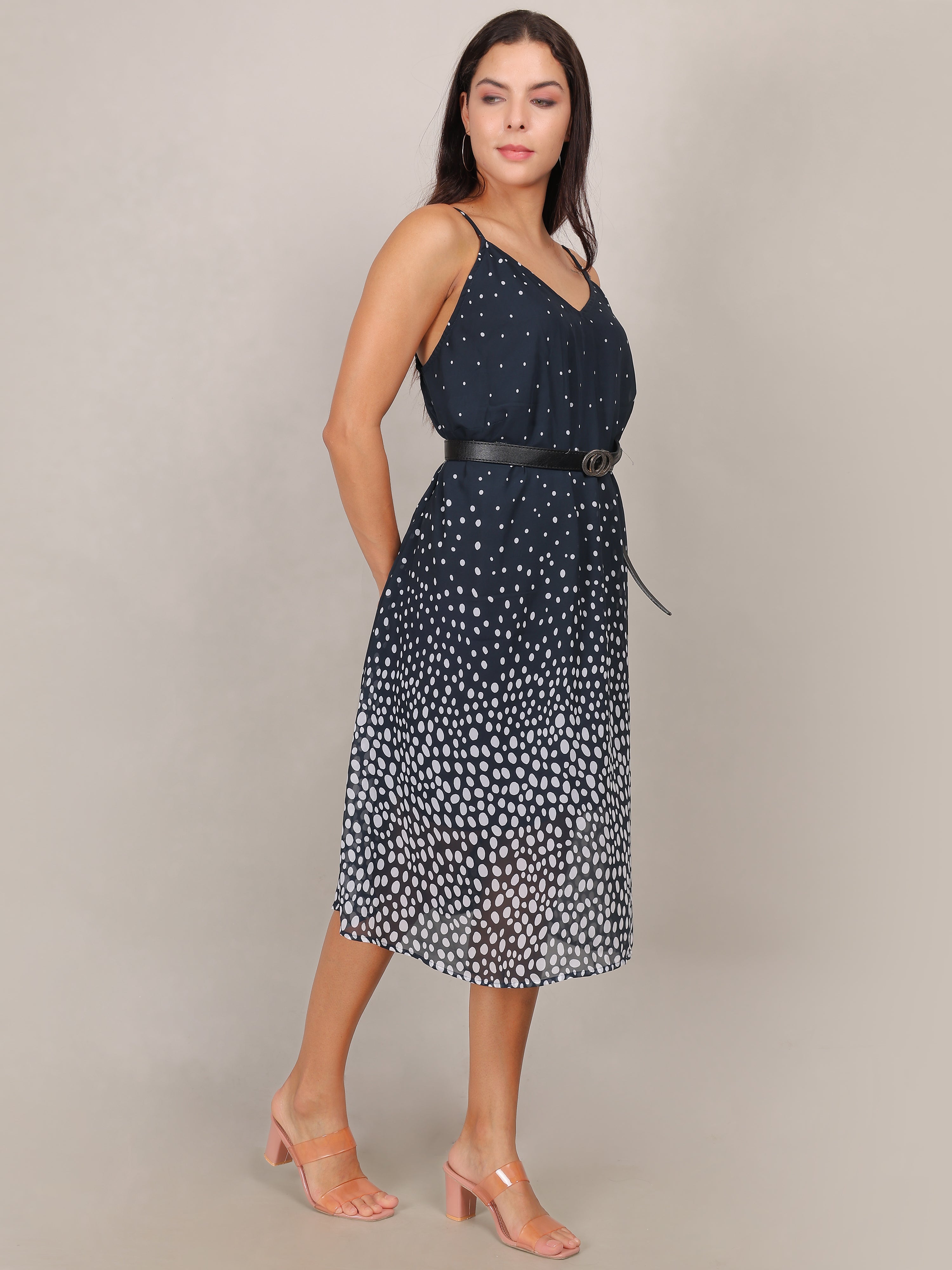 Midnight Dots Belted Midi Dress