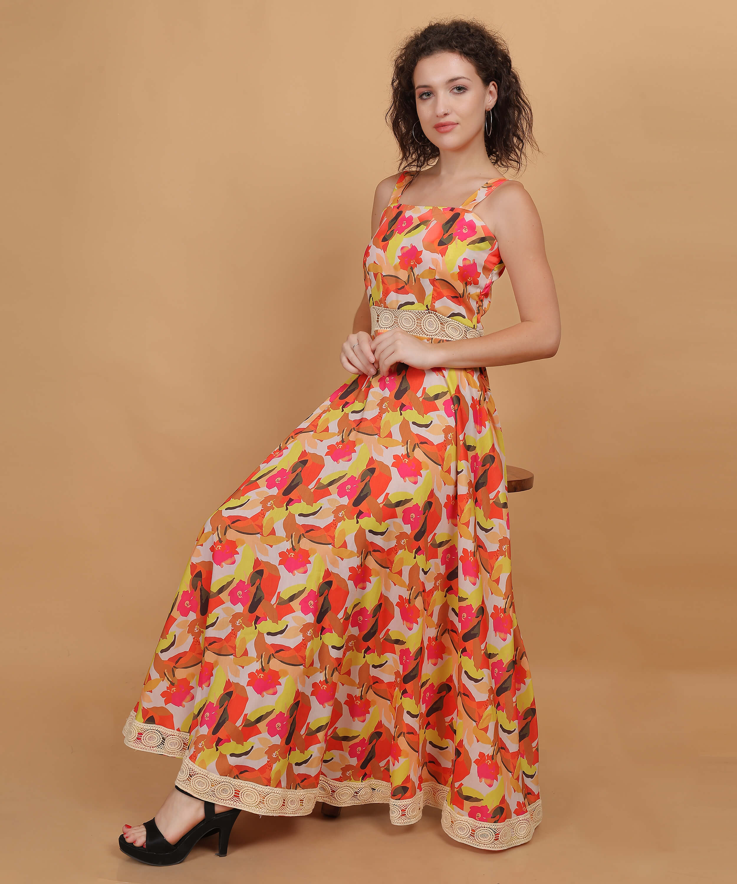 Vibrant Floral Square-Neck Maxi Dress