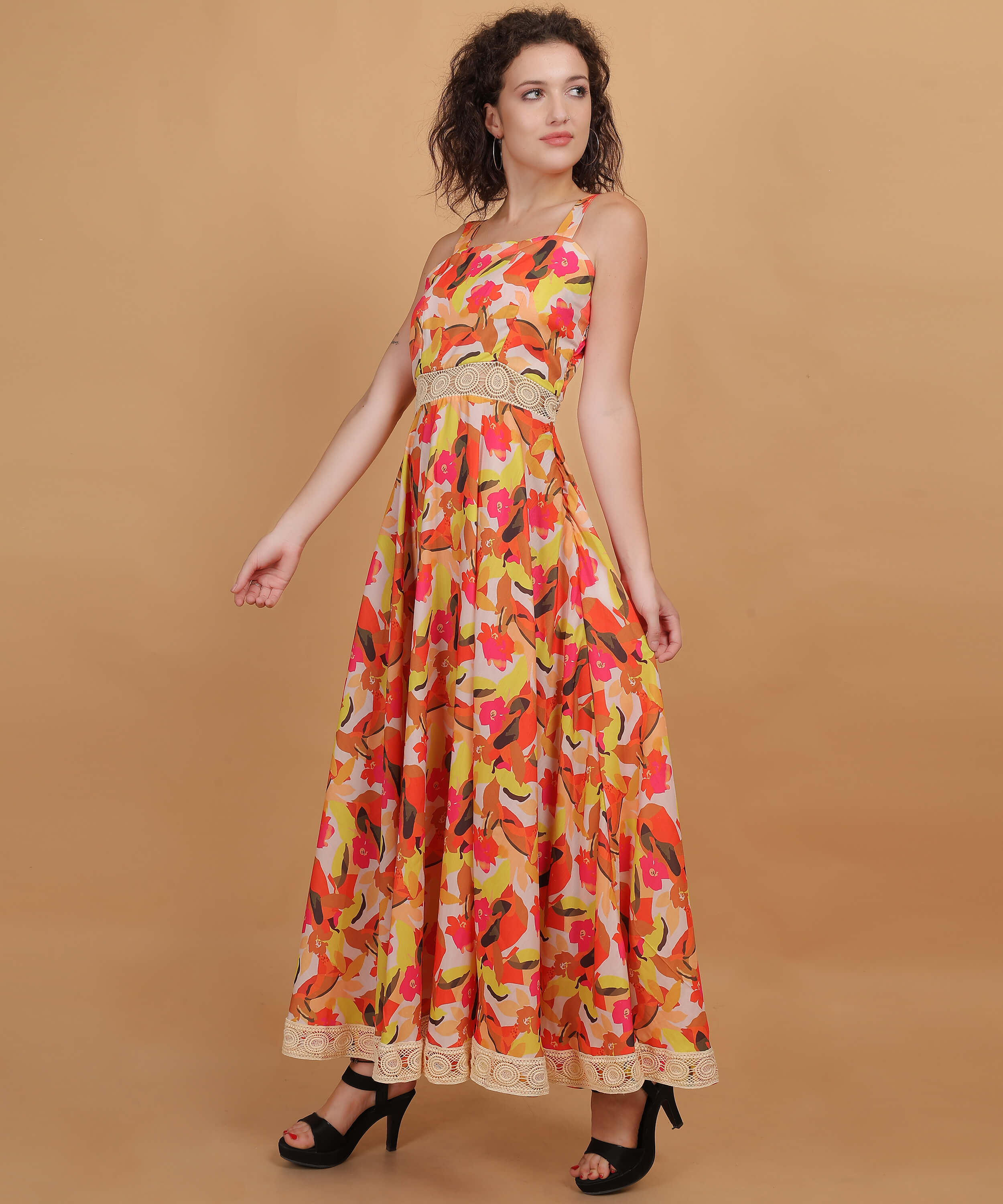 Vibrant Floral Square-Neck Maxi Dress