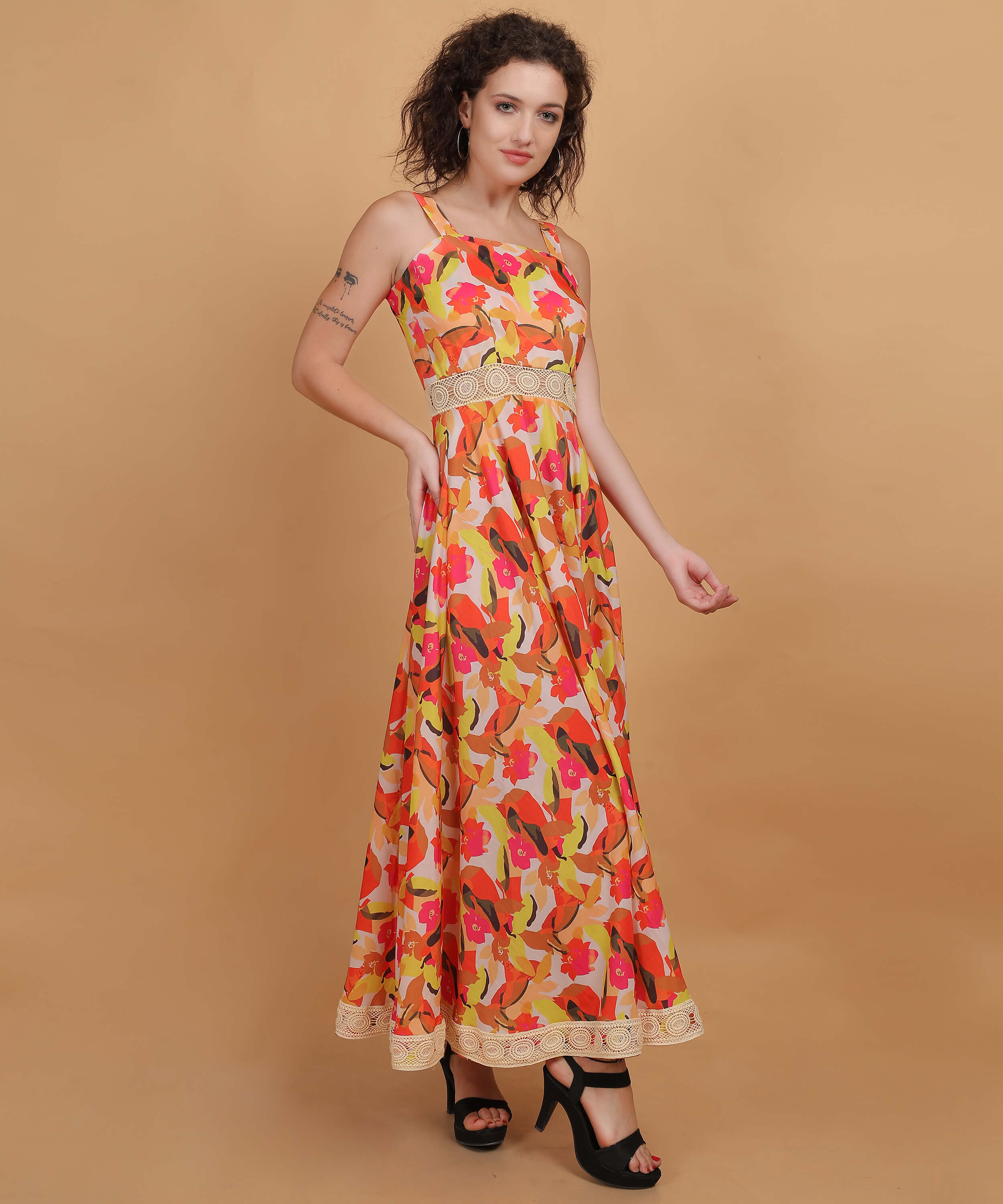 Vibrant Floral Square-Neck Maxi Dress