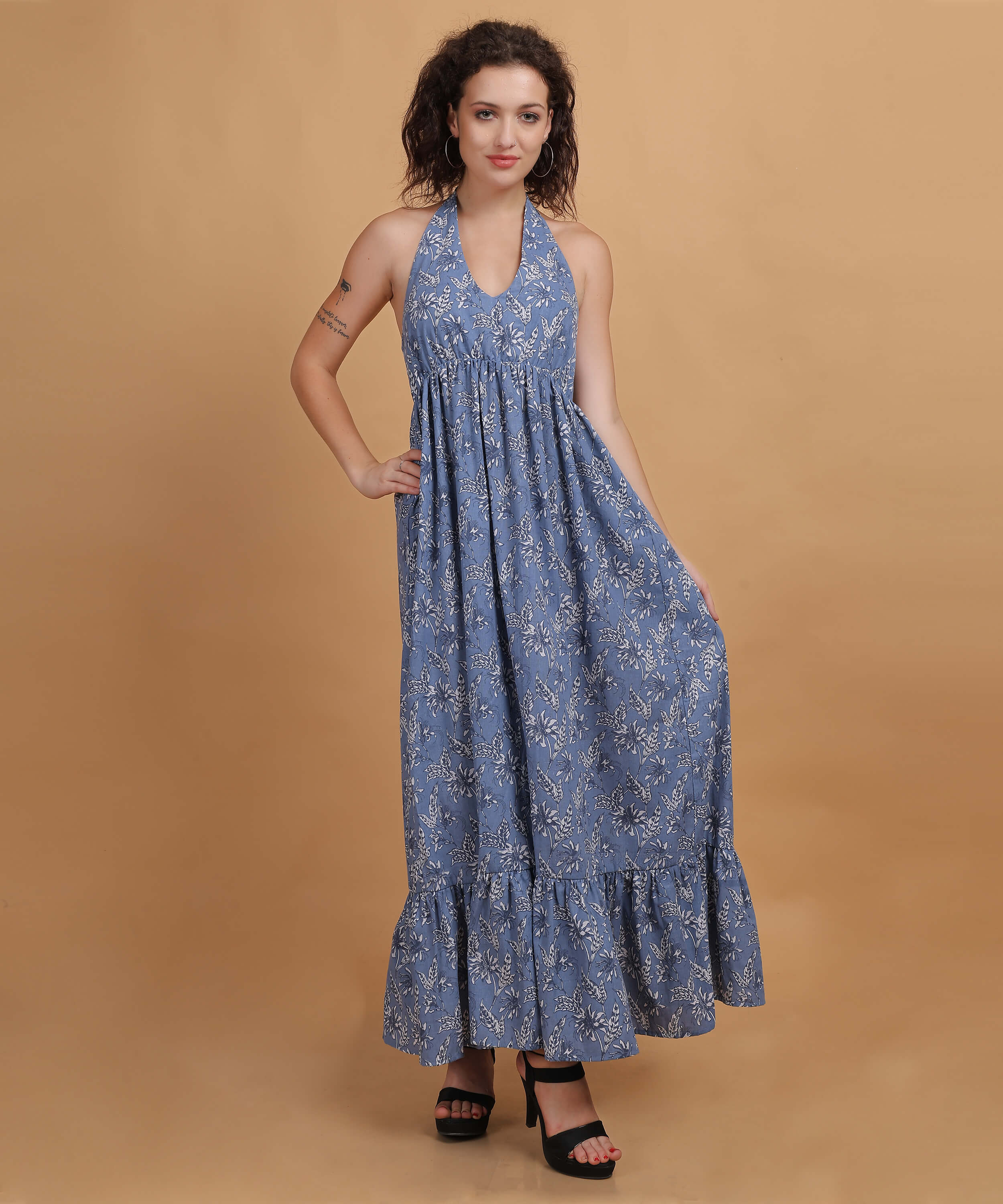 Floral Blue Print Halter Neck Maxi Dress