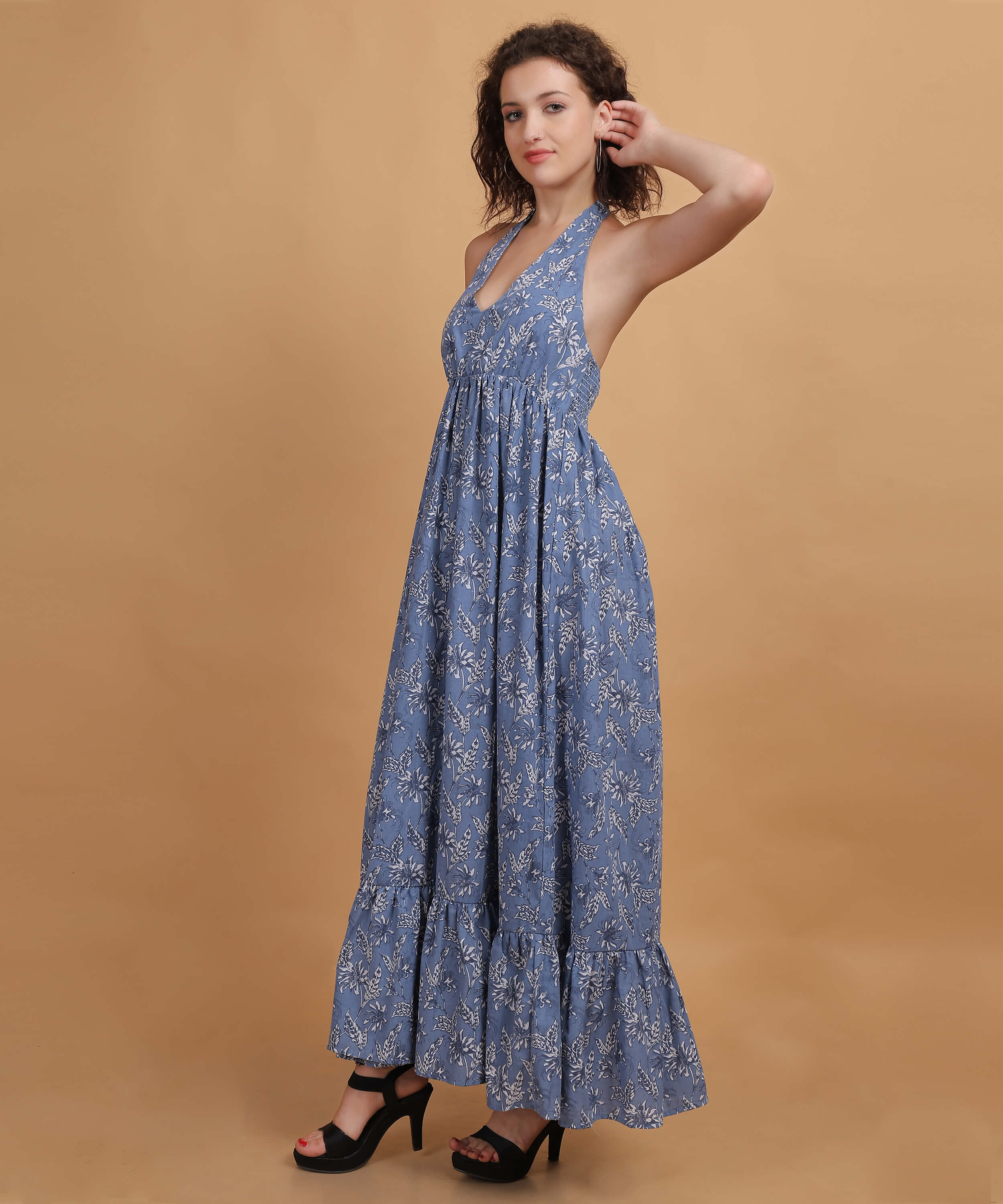 Floral Blue Print Halter Neck Maxi Dress