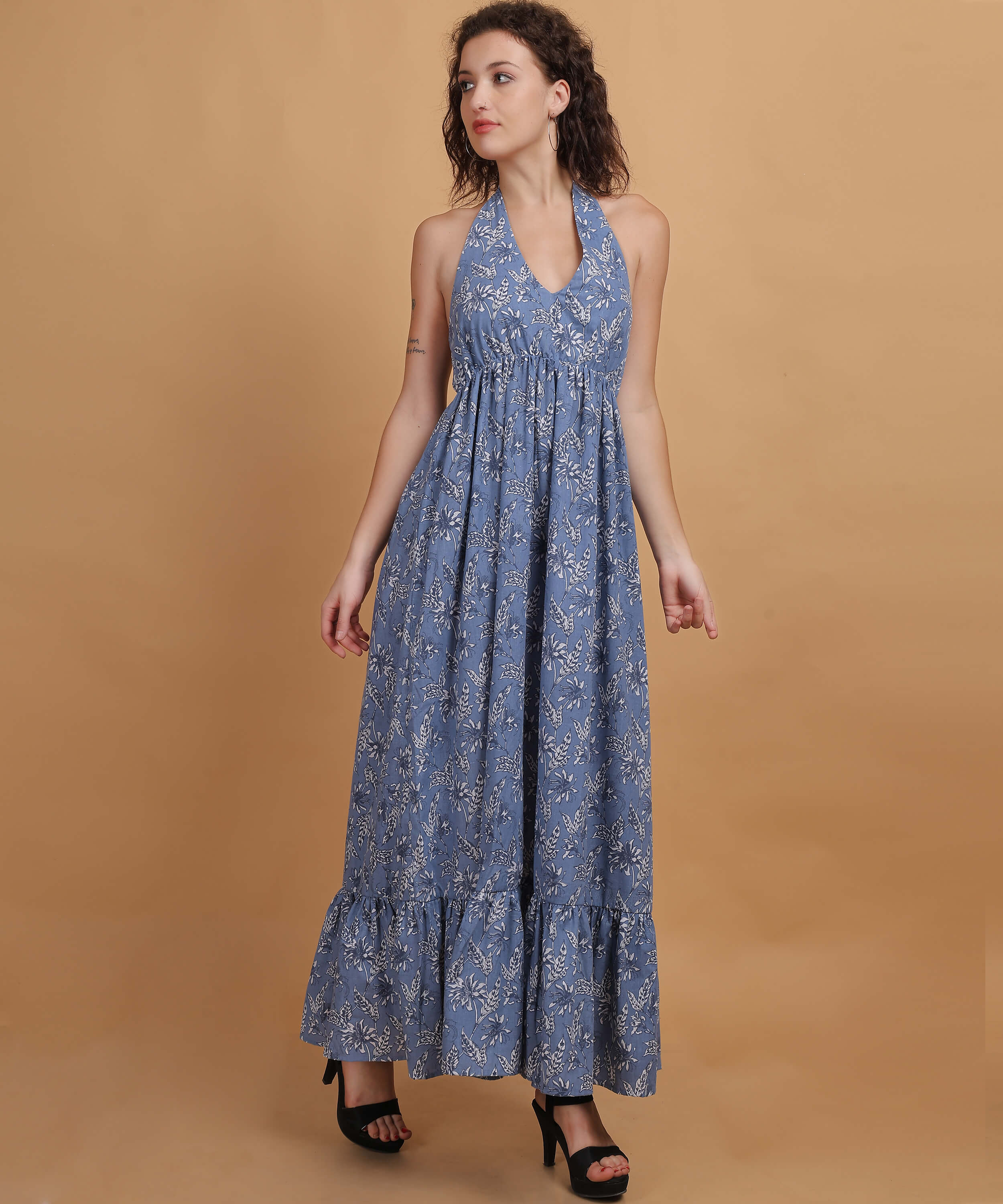 Floral Blue Print Halter Neck Maxi Dress