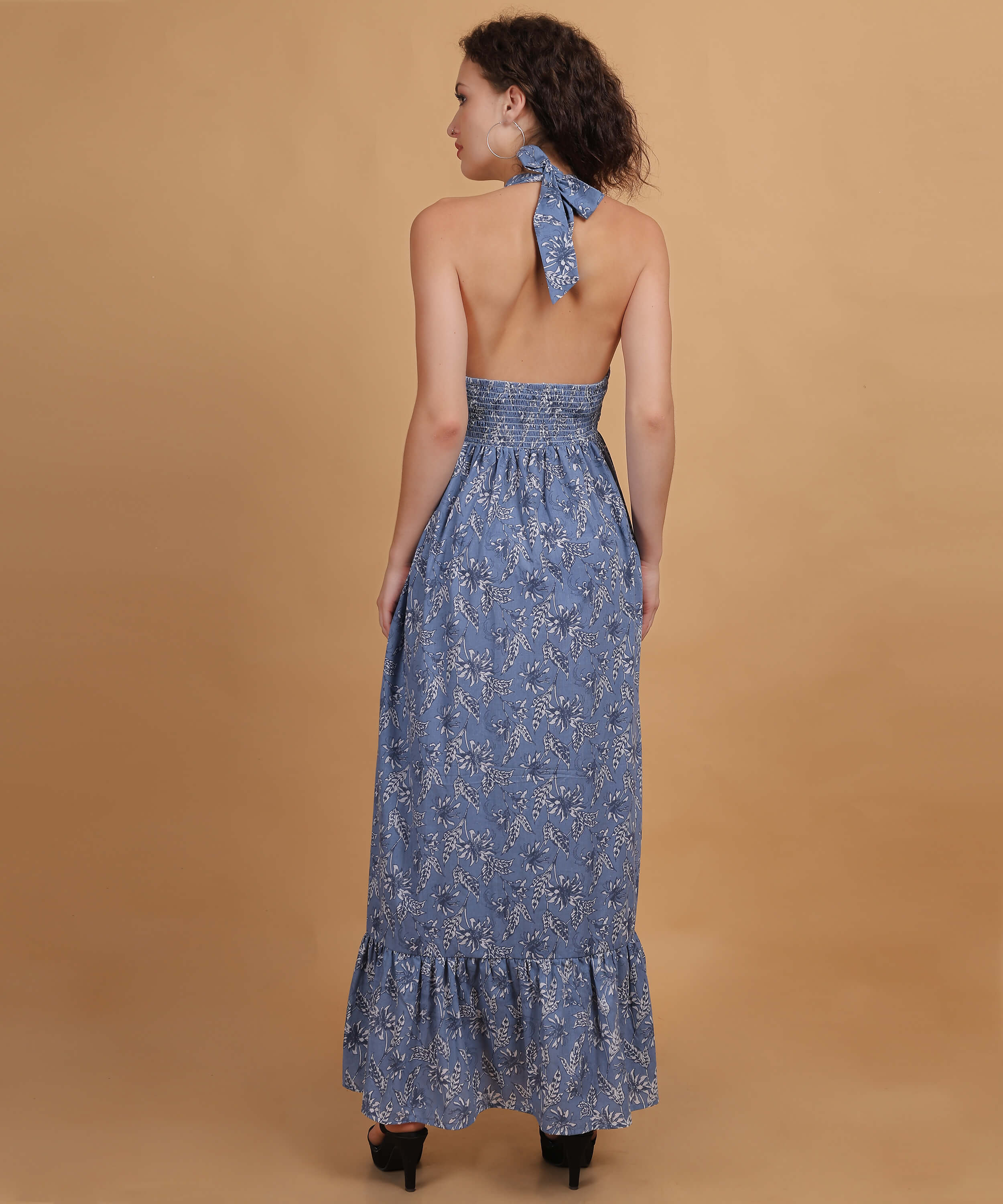 Floral Blue Print Halter Neck Maxi Dress