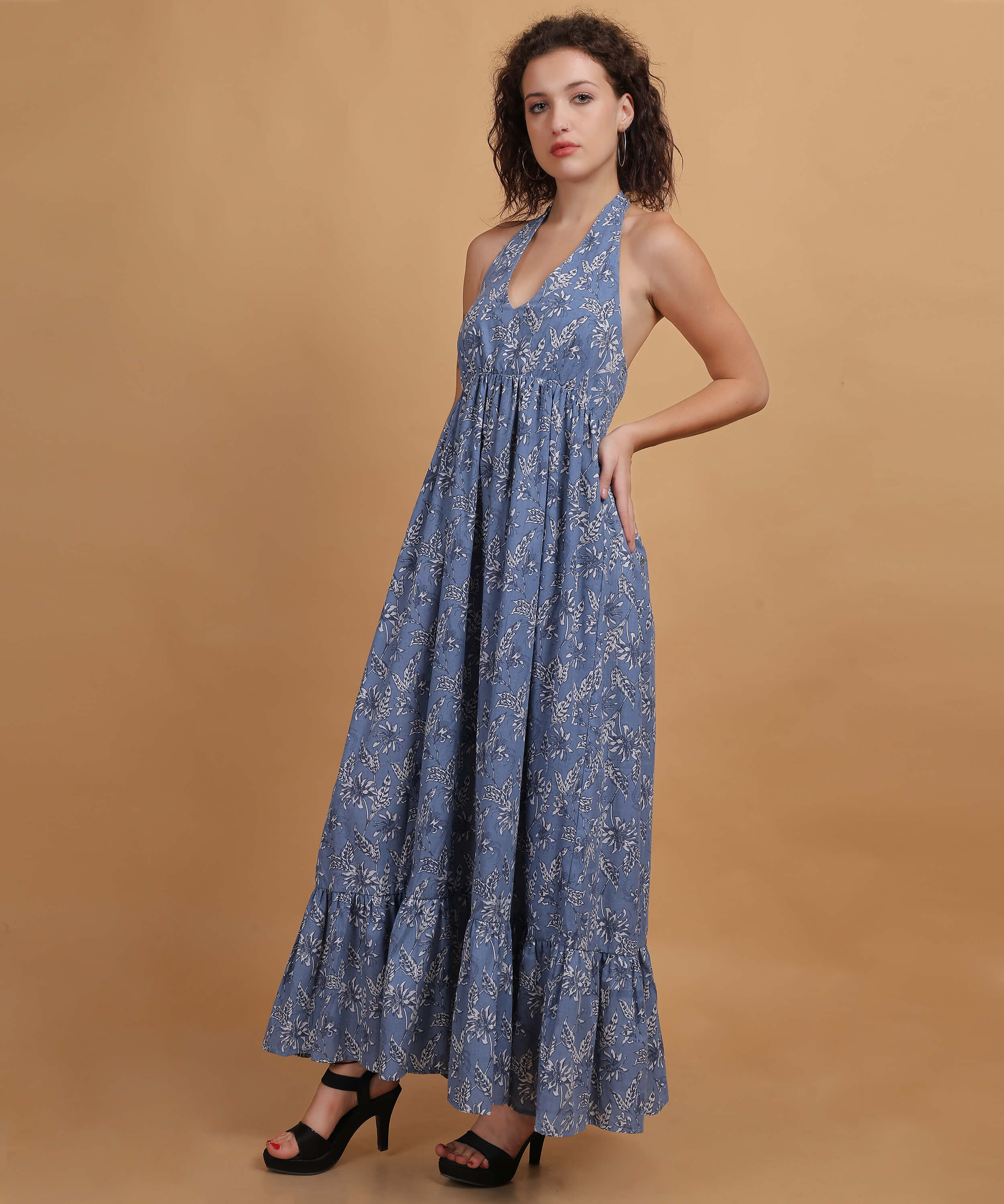 Floral Blue Print Halter Neck Maxi Dress