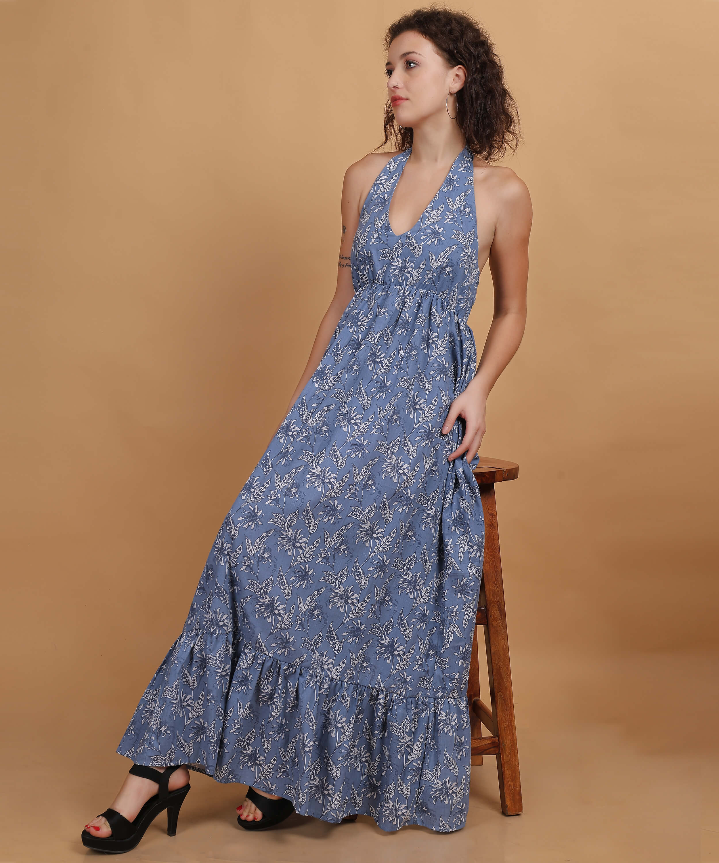 Floral Blue Print Halter Neck Maxi Dress