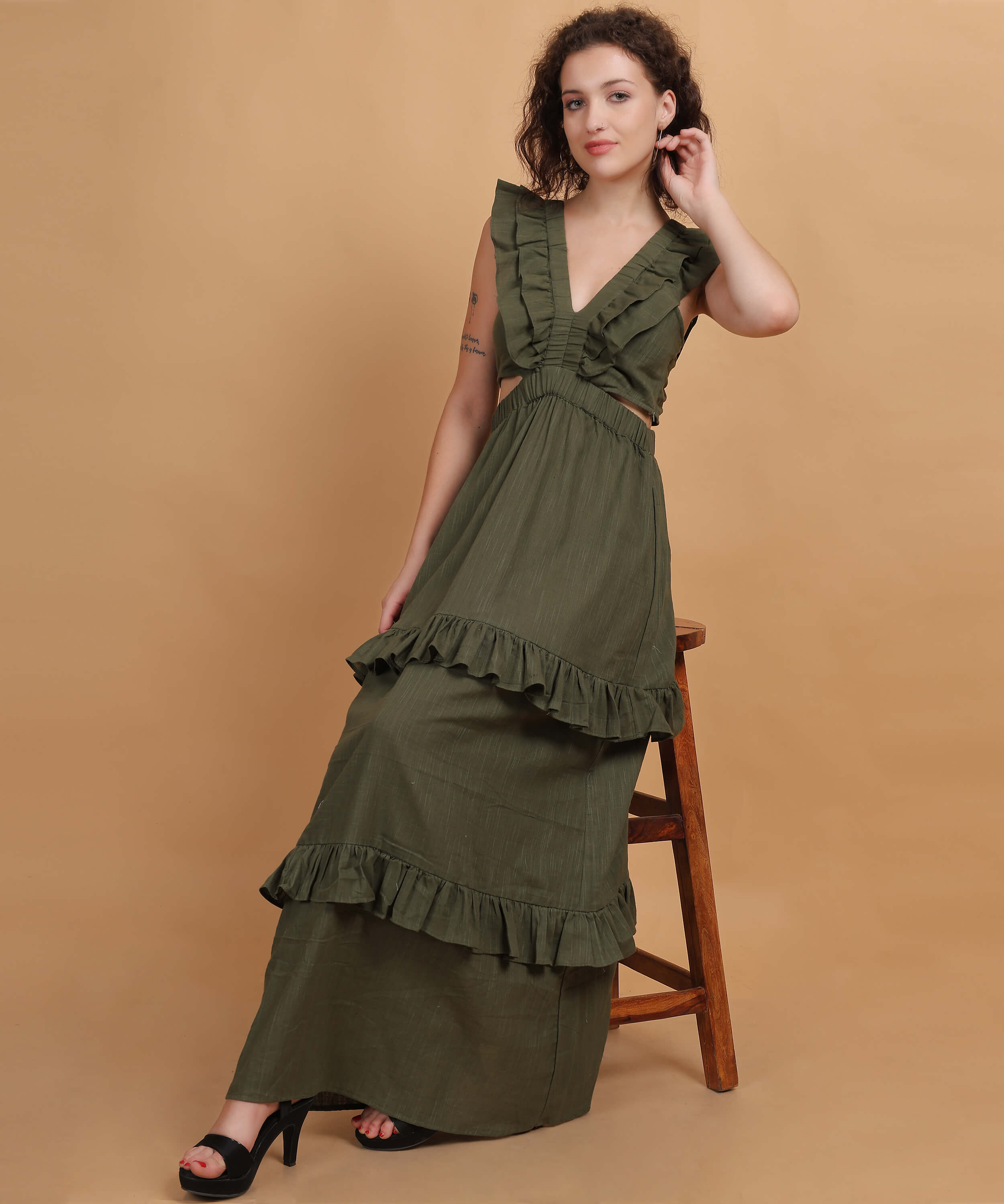 GREEN Halter Neck Flared LONG Dress