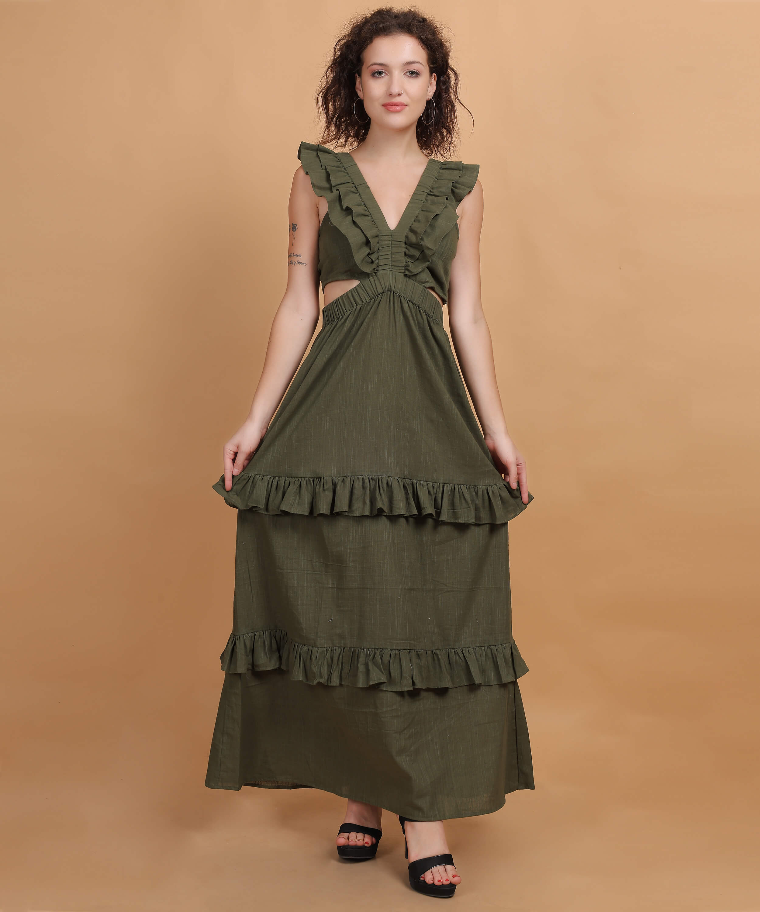 GREEN Halter Neck Flared LONG Dress