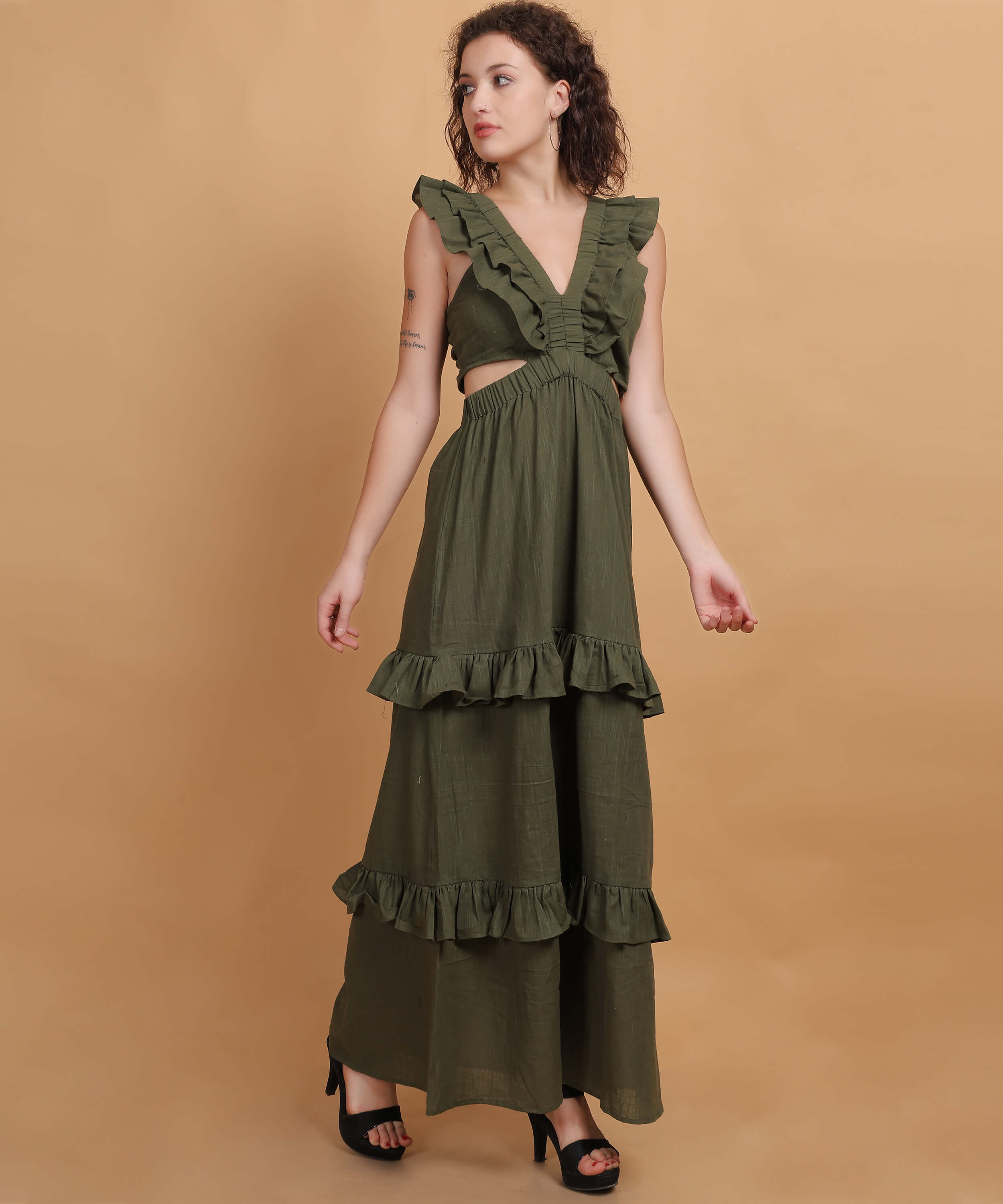 GREEN Halter Neck Flared LONG Dress