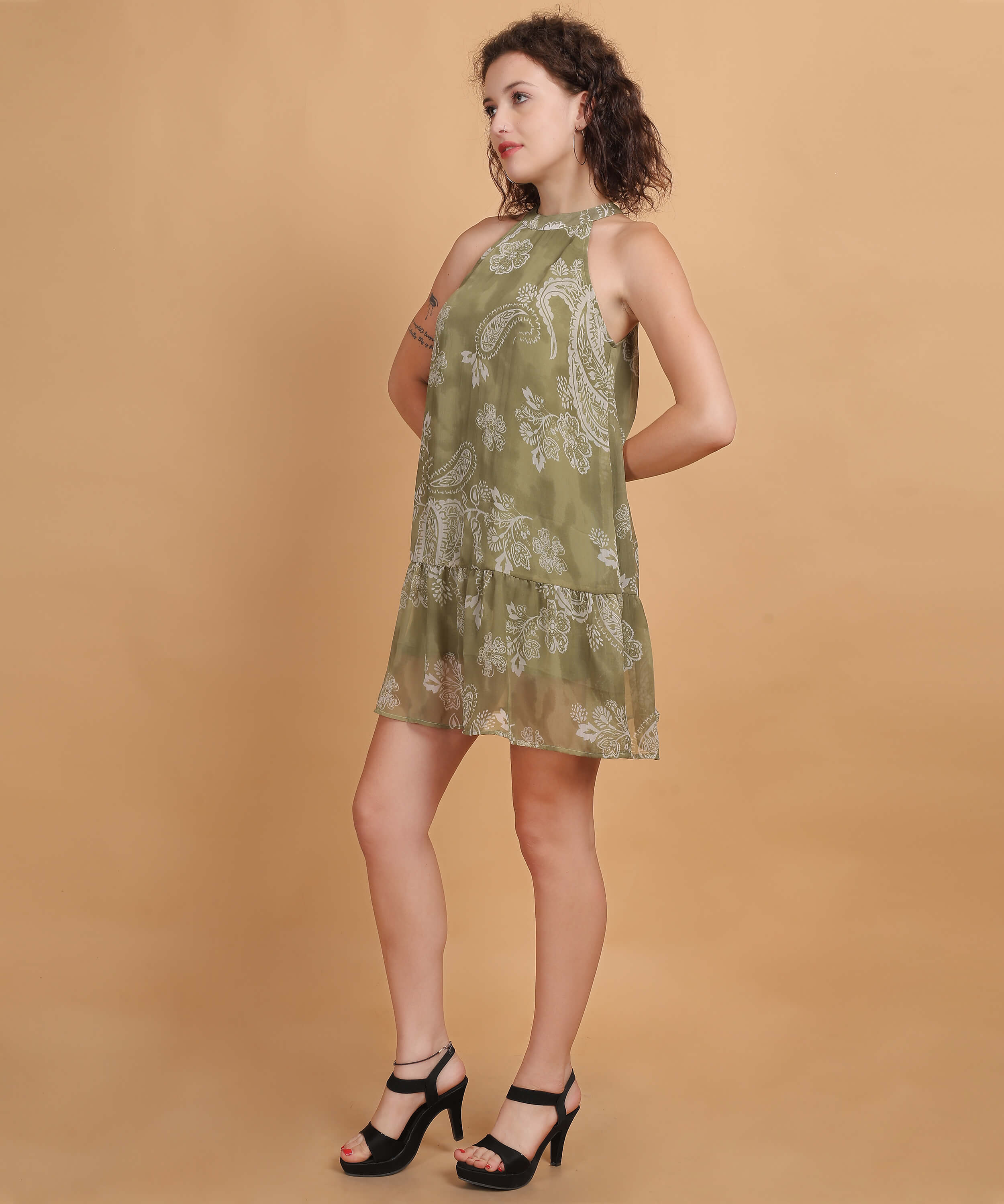 Olive Paisley Halter Mini Dress