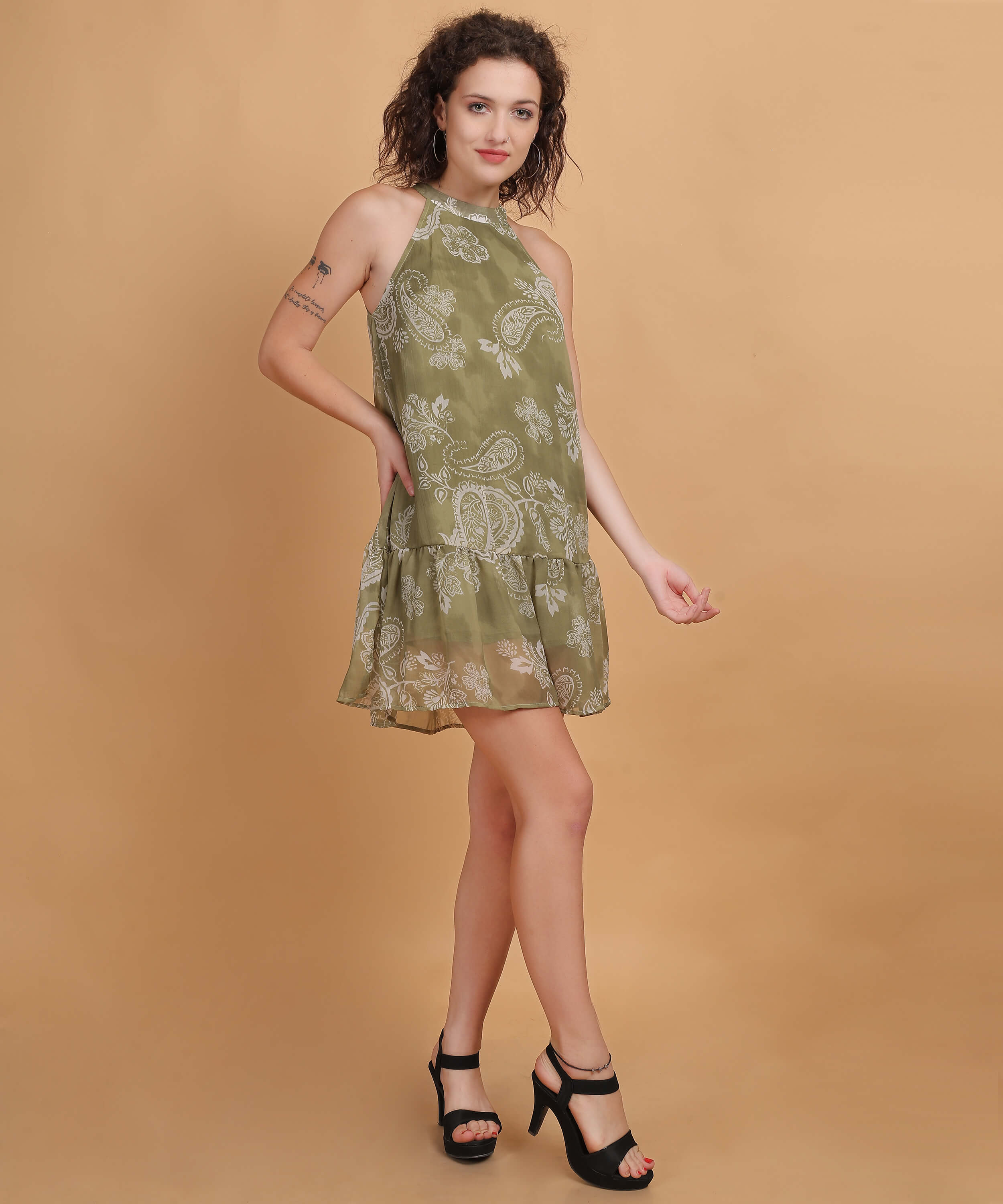 Olive Paisley Halter Mini Dress