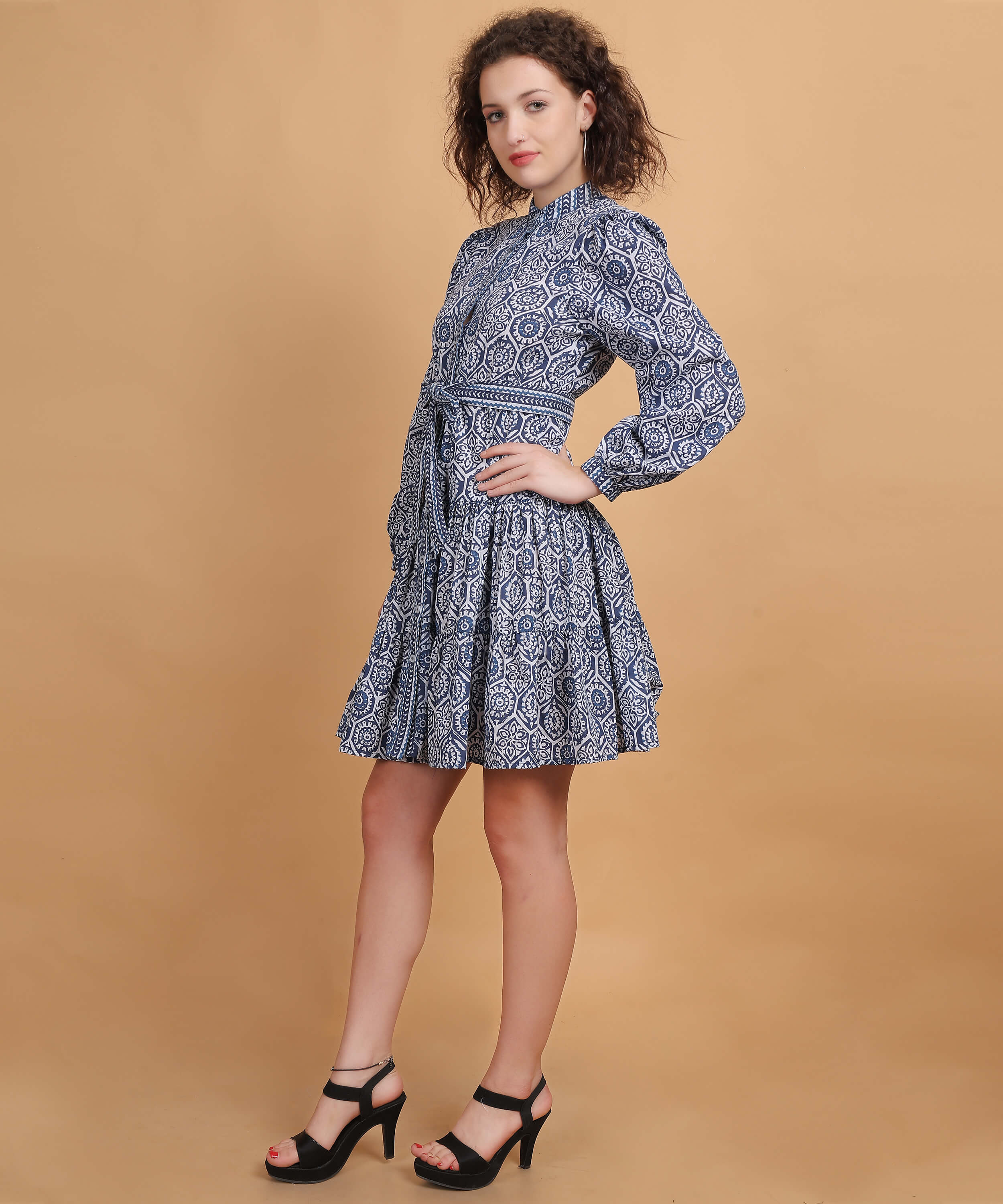 Indigo Print shirt above the knee dress With Belt