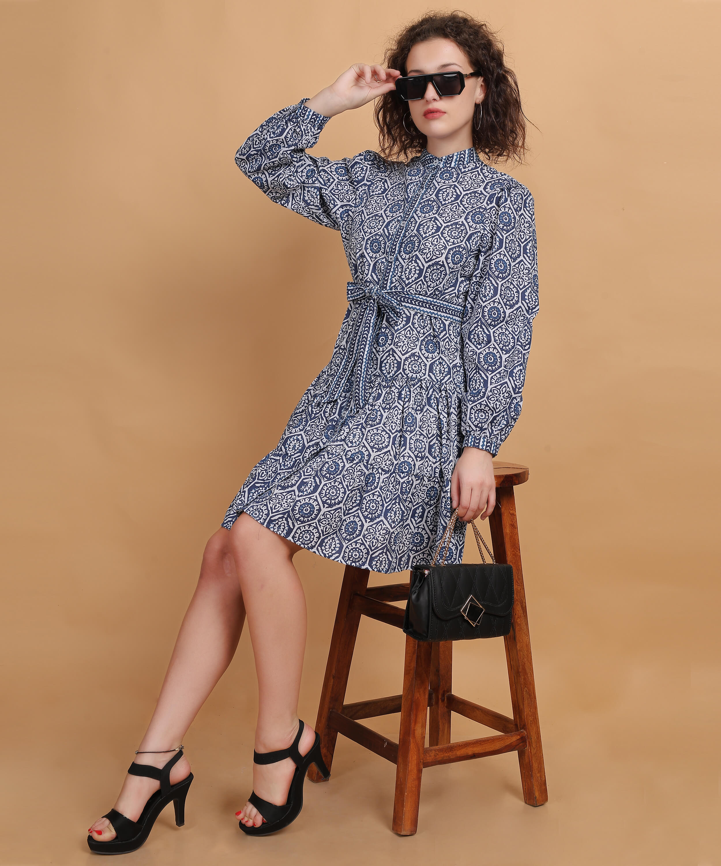 Indigo Print shirt above the knee dress With Belt