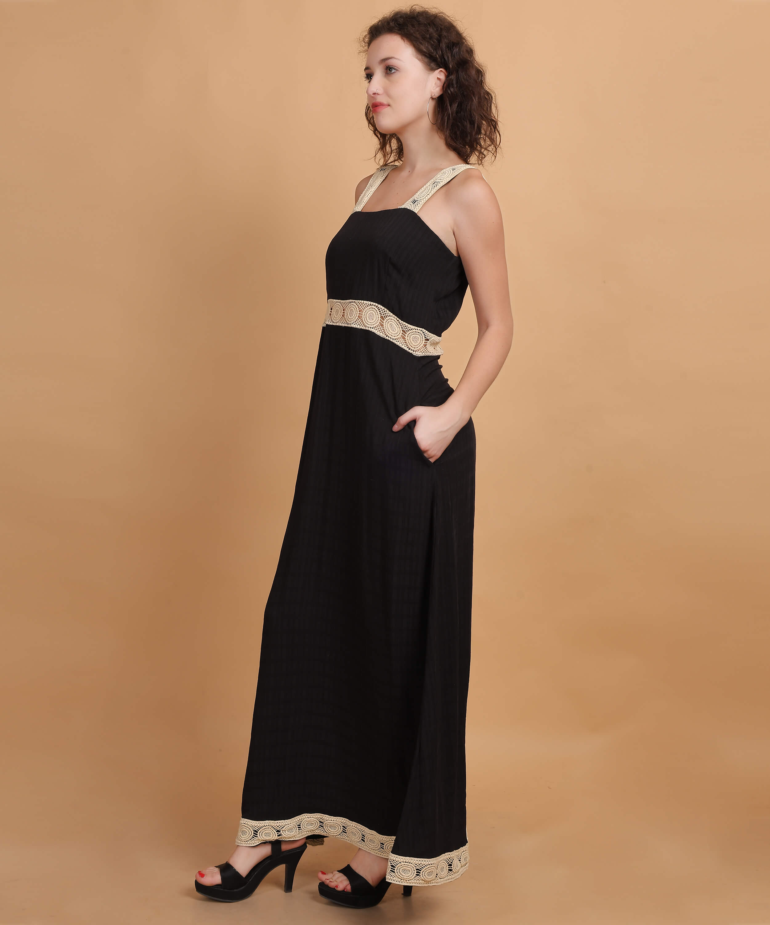 Black Maxi Dress with Crochet Lace Trim and Sleeveless Square Neckline