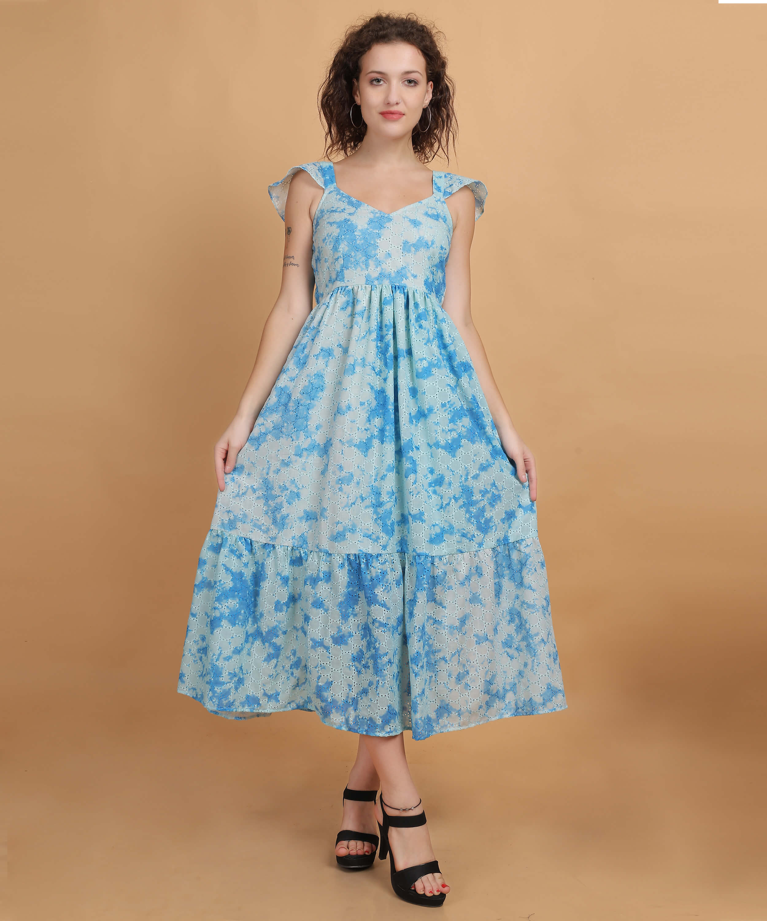 Blue schiffli Tiered Sleeveless Maxi Dress