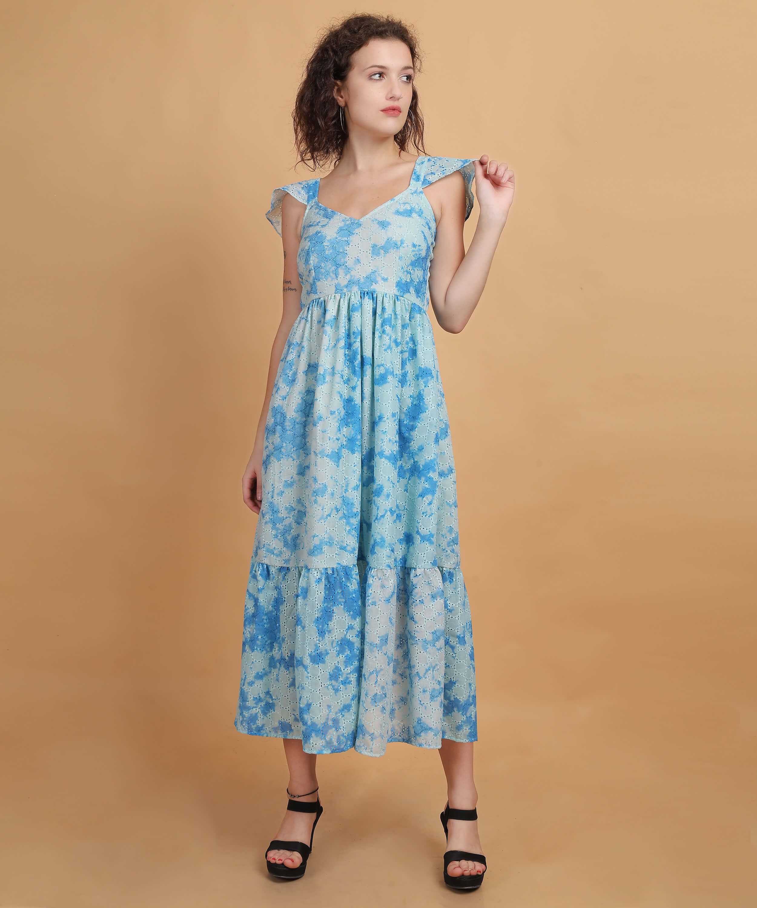 Blue schiffli Tiered Sleeveless Maxi Dress