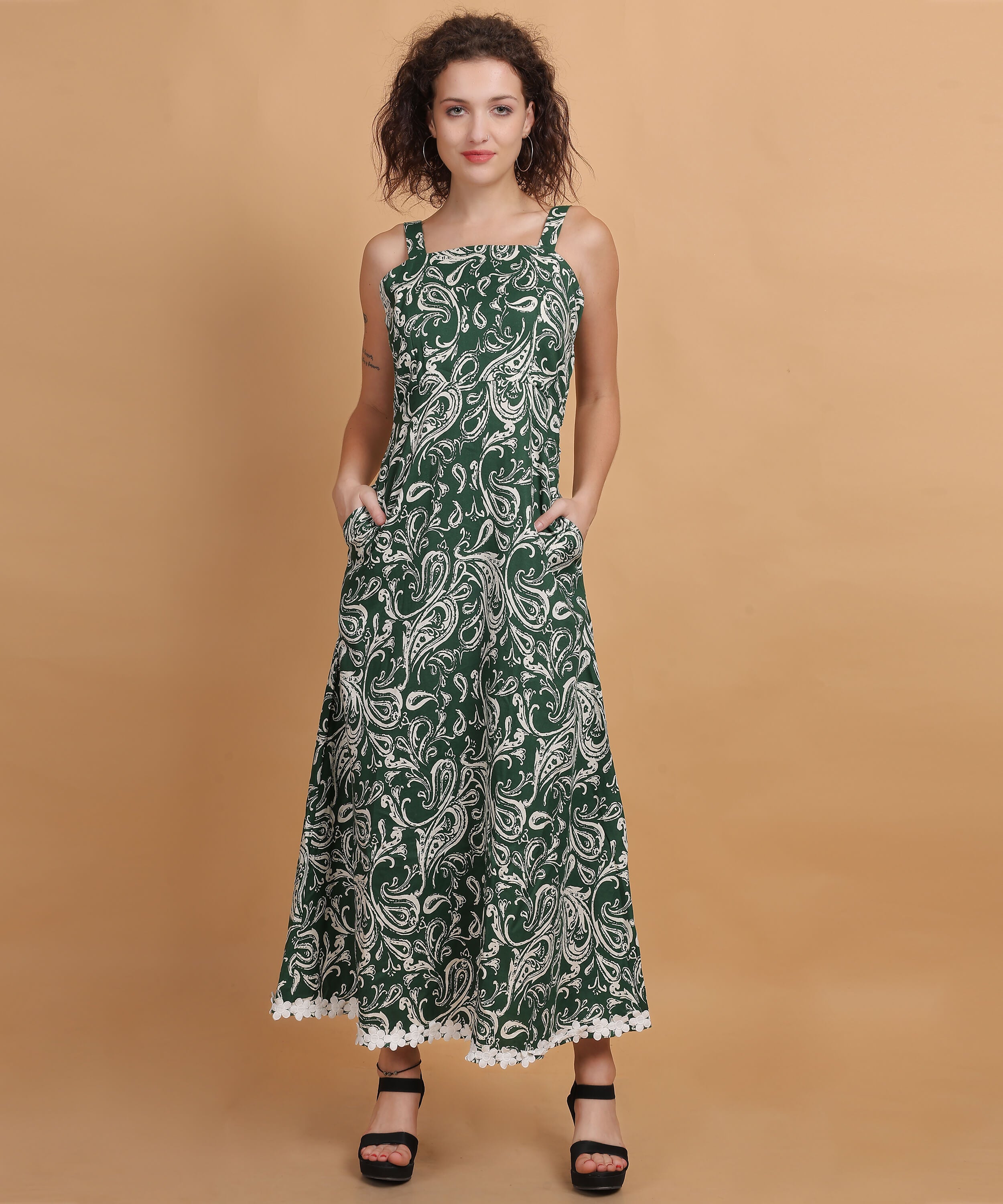 Green Paisley Print Sleeveless Midi Dress with Lace Trim