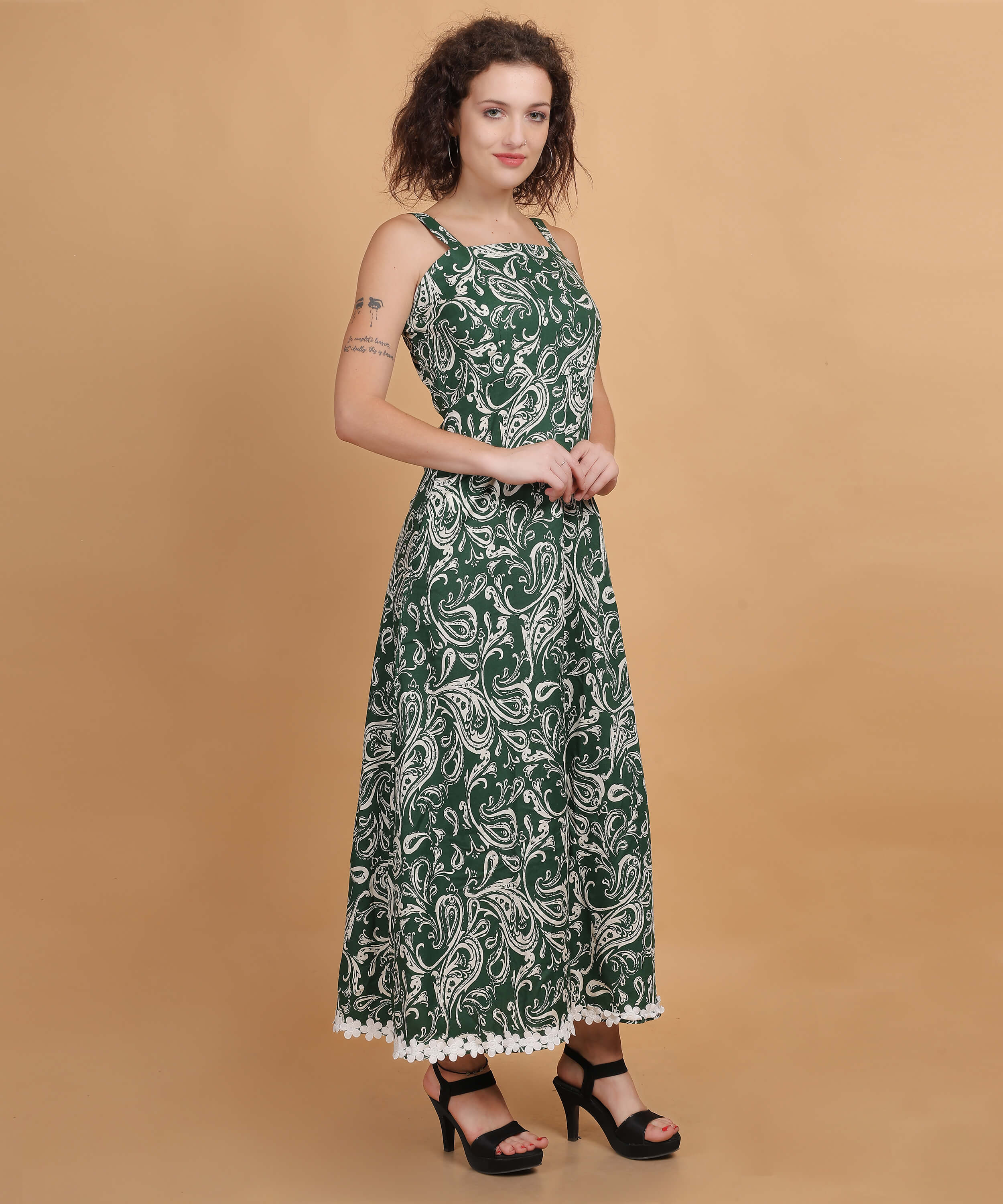 Green Paisley Print Sleeveless Midi Dress with Lace Trim