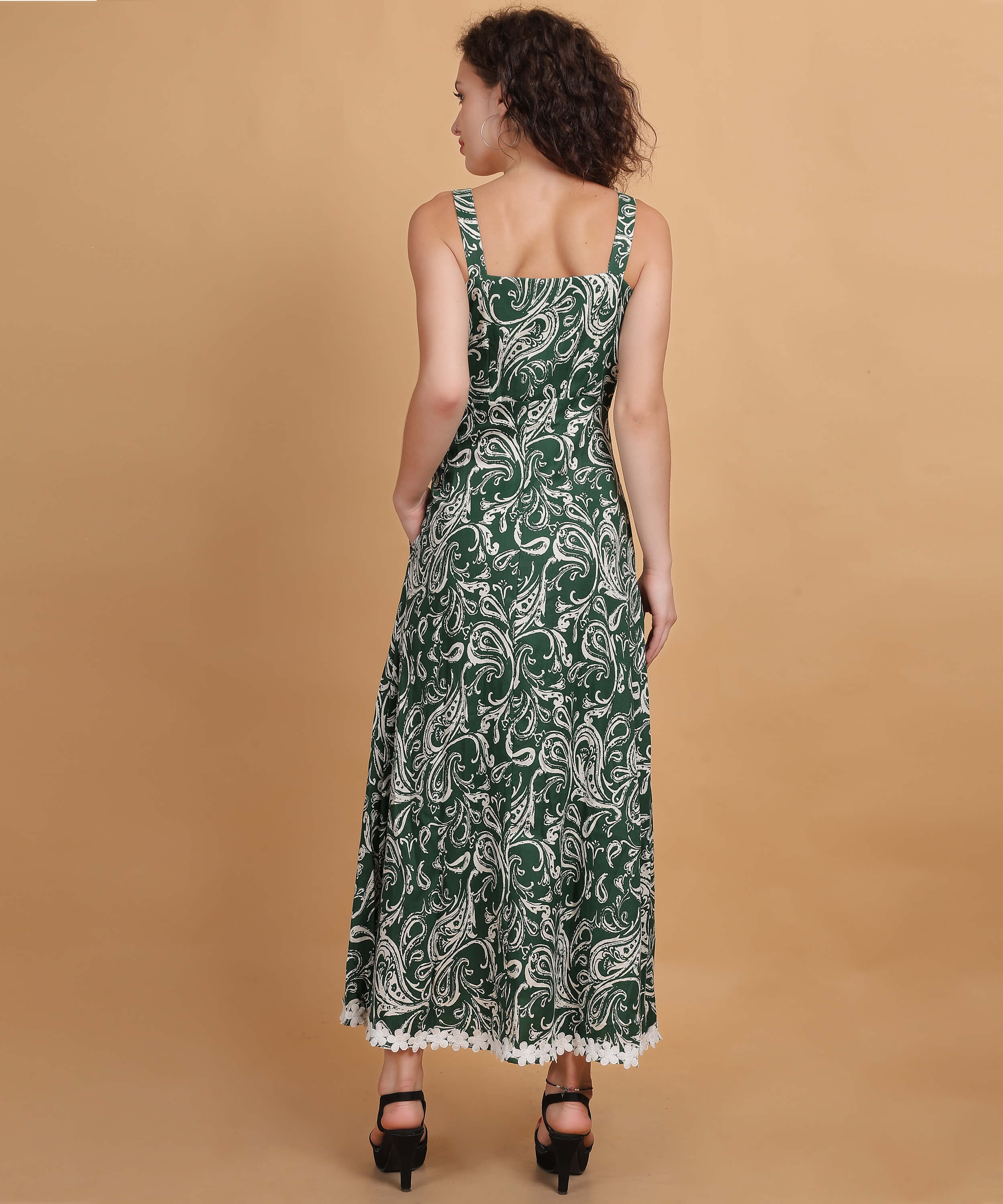 Green Paisley Print Sleeveless Midi Dress with Lace Trim