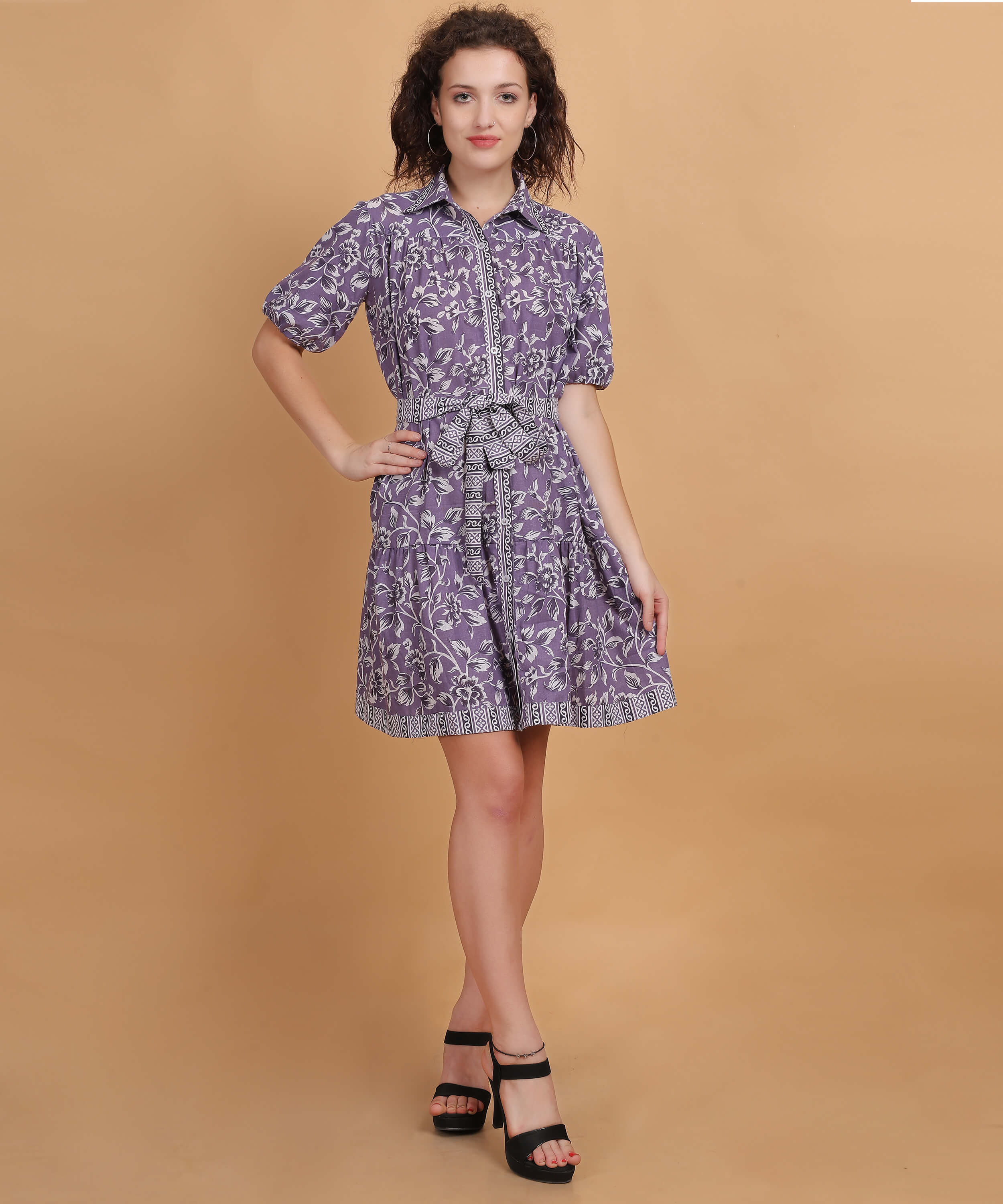 Lavender Floral Shirt Dress with Waist Tie