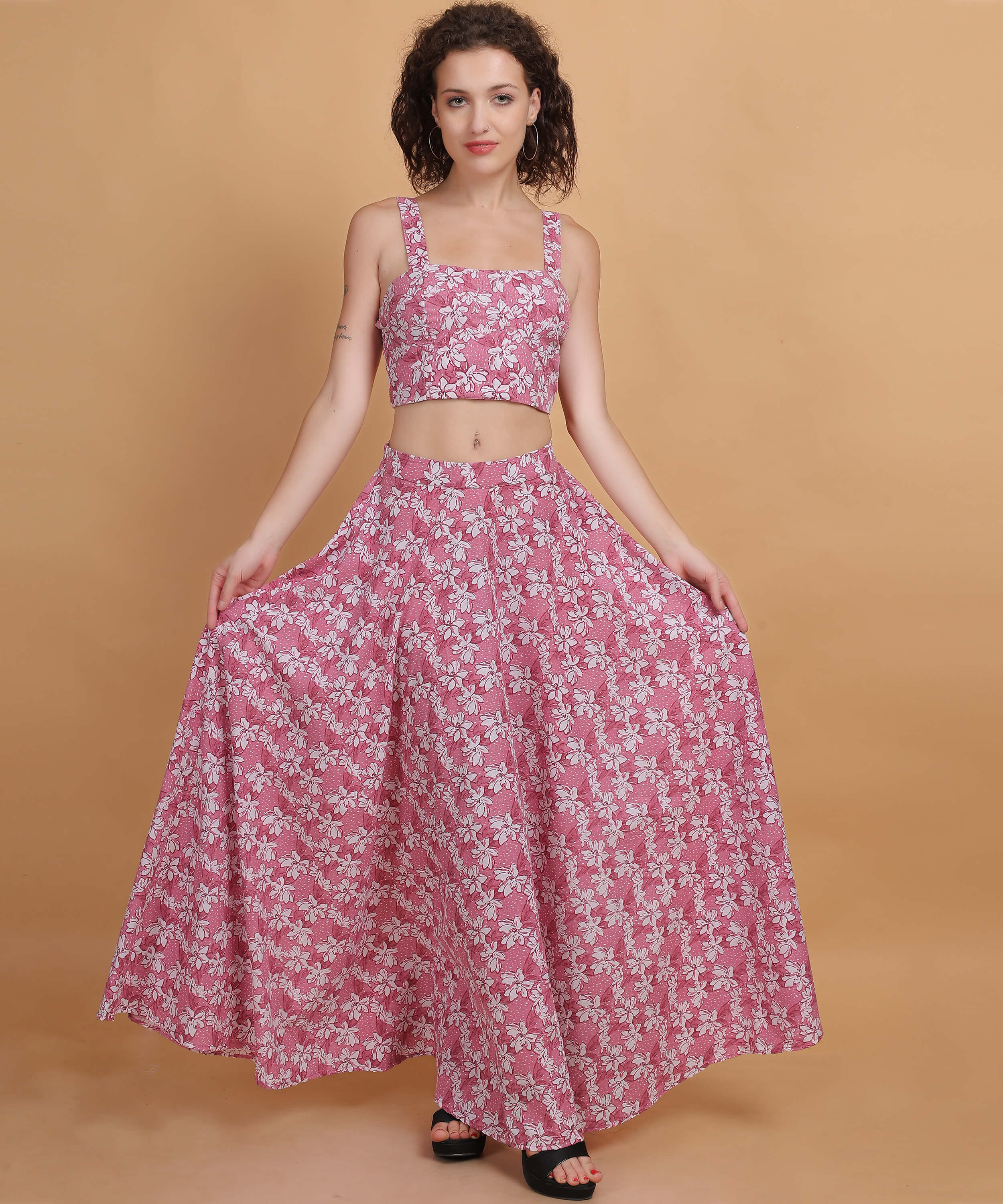 Pink Floral Crop Top with Maxi Skirt Set