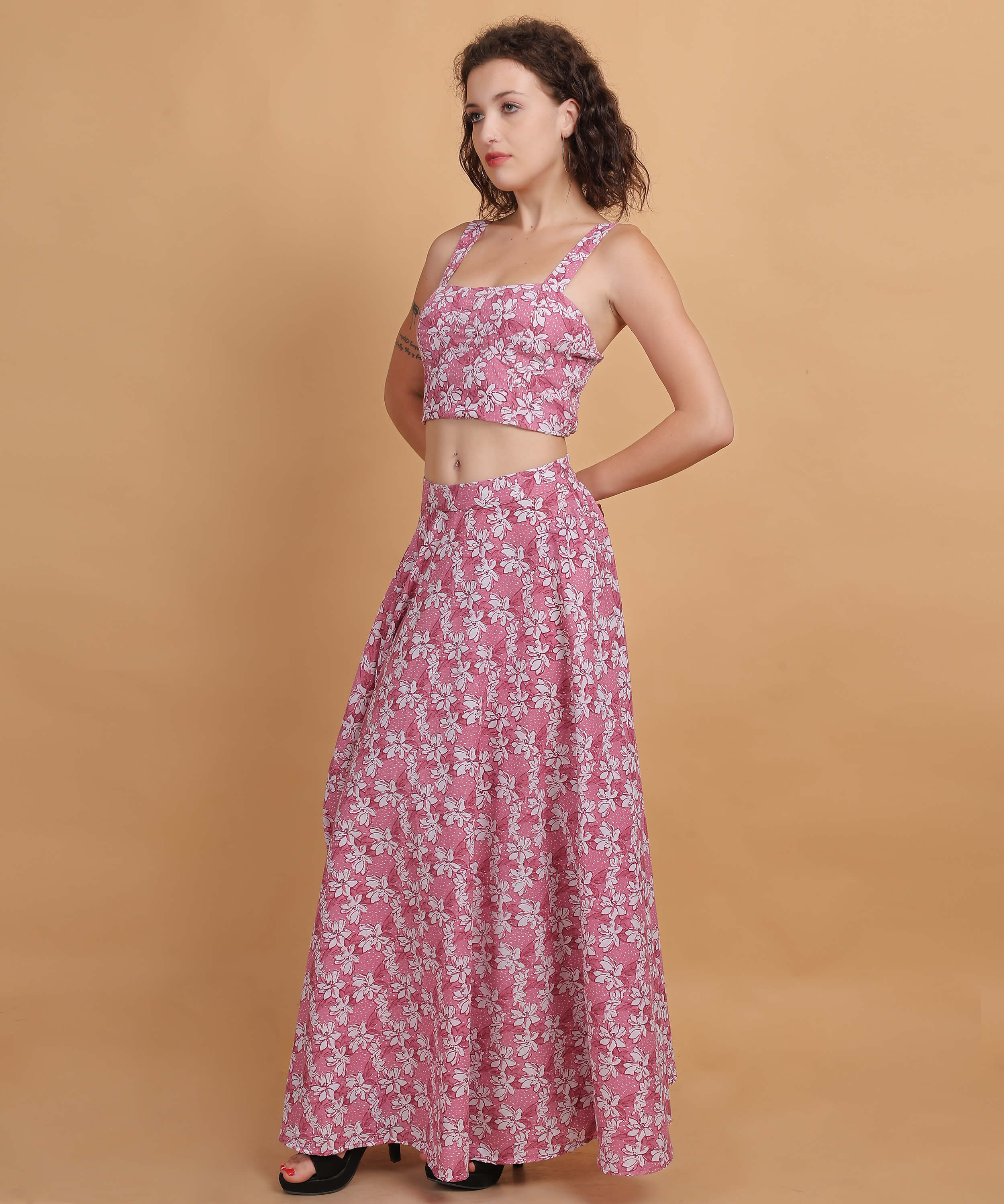 Pink Floral Crop Top with Maxi Skirt Set