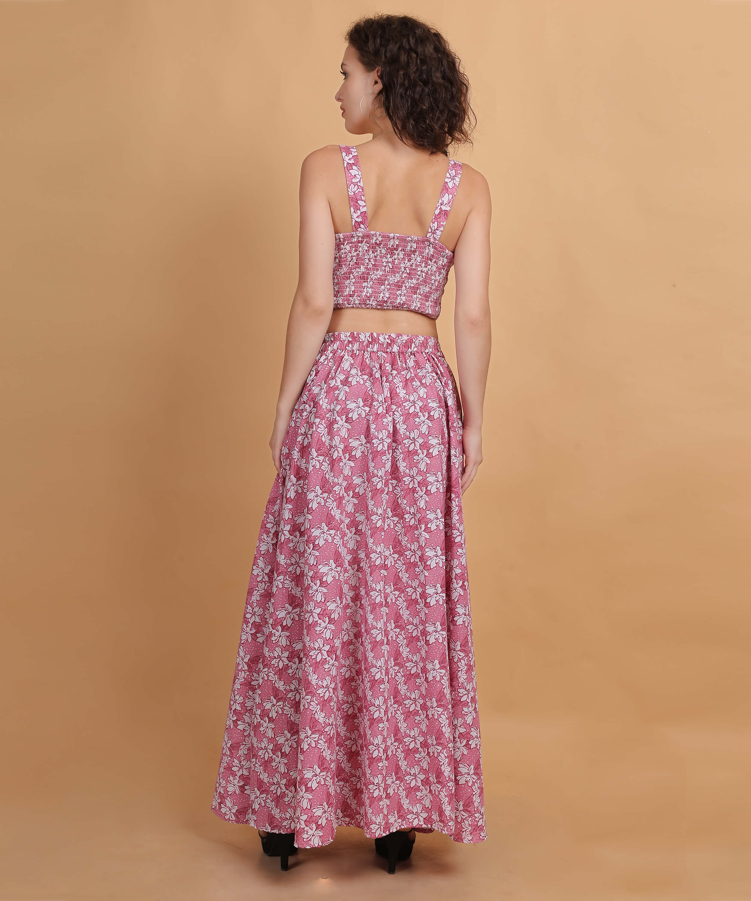 Pink Floral Crop Top with Maxi Skirt Set