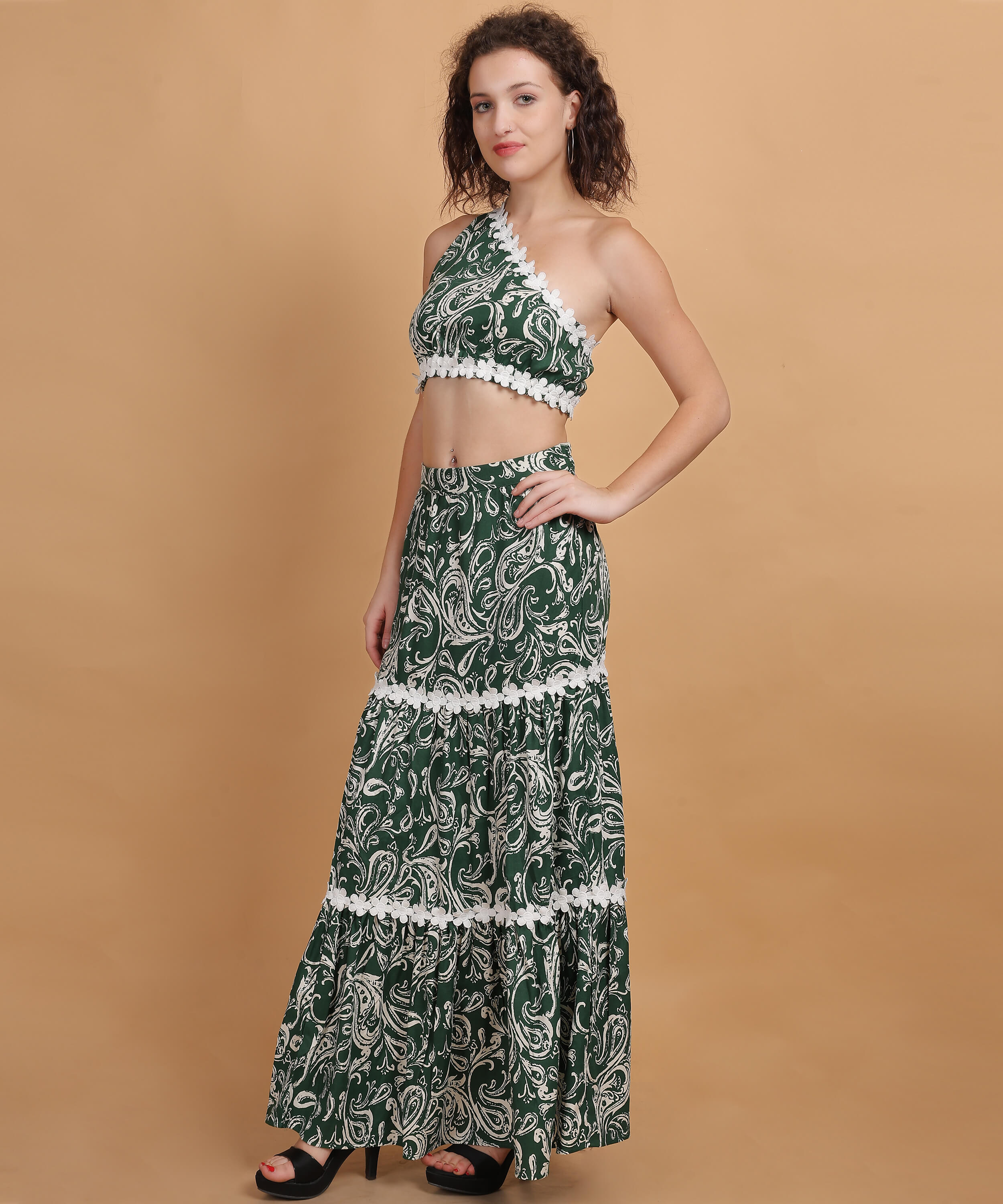 Paisley Green One-Shoulder Co-Ord Set