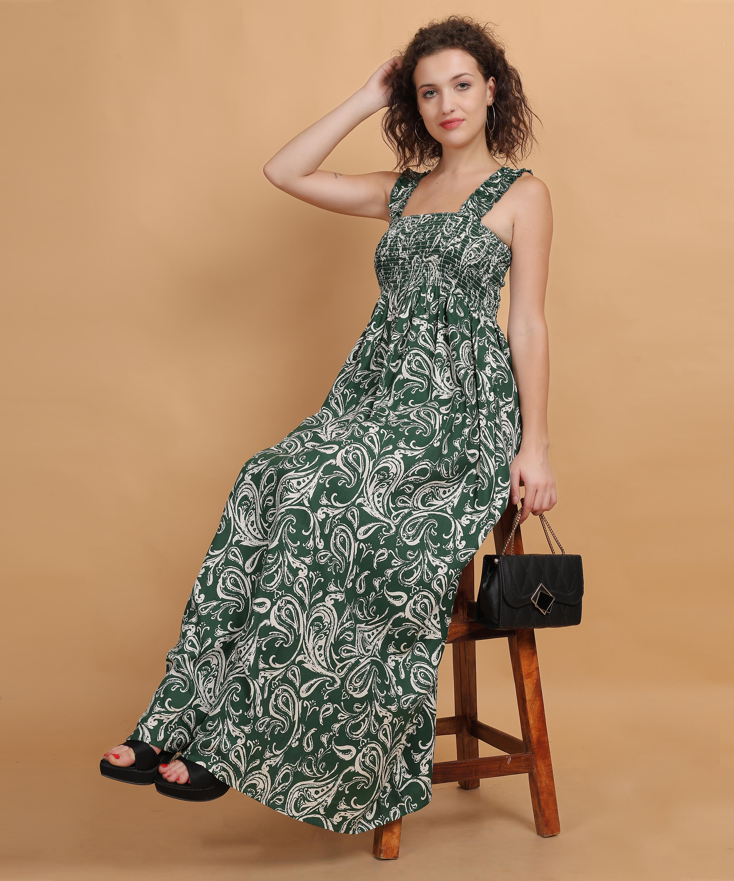 Green and White Floral Printed Maxi Dress