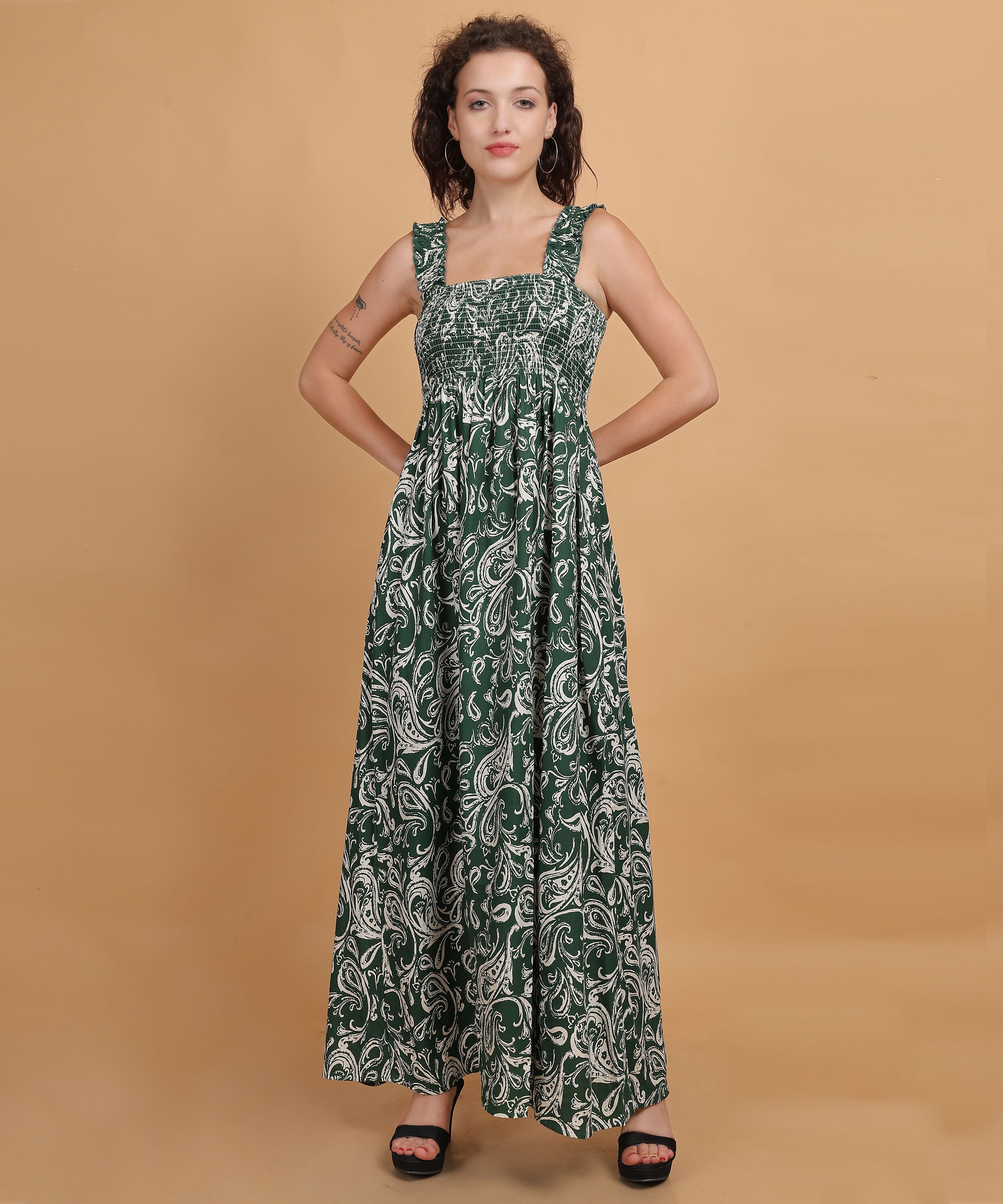 Green and White Floral Printed Maxi Dress