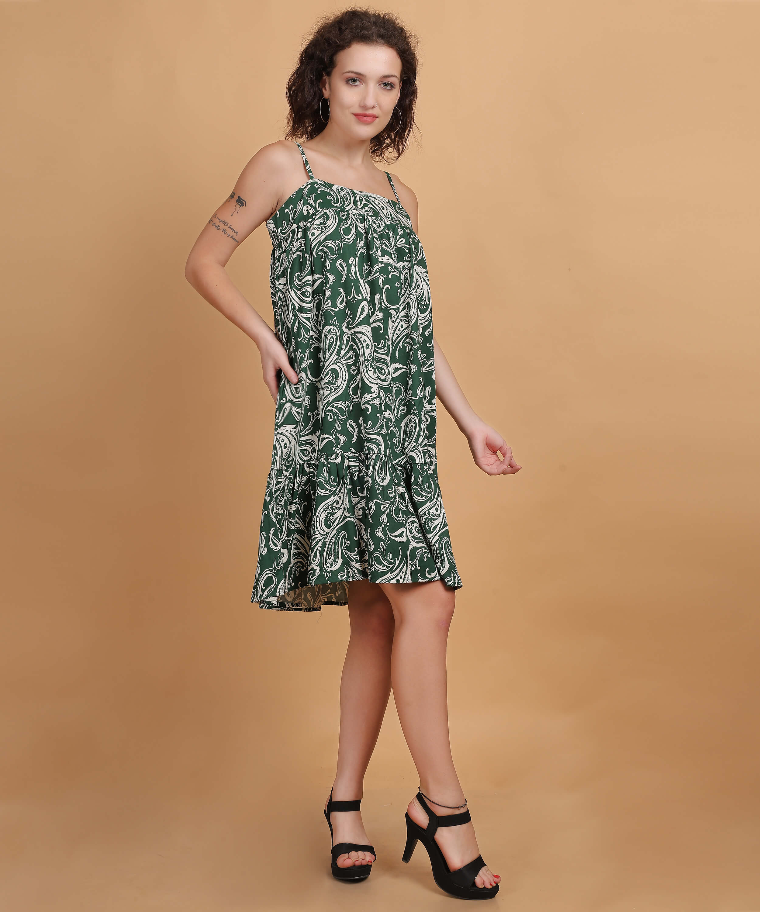 Green Paisley Print A-Line Dress