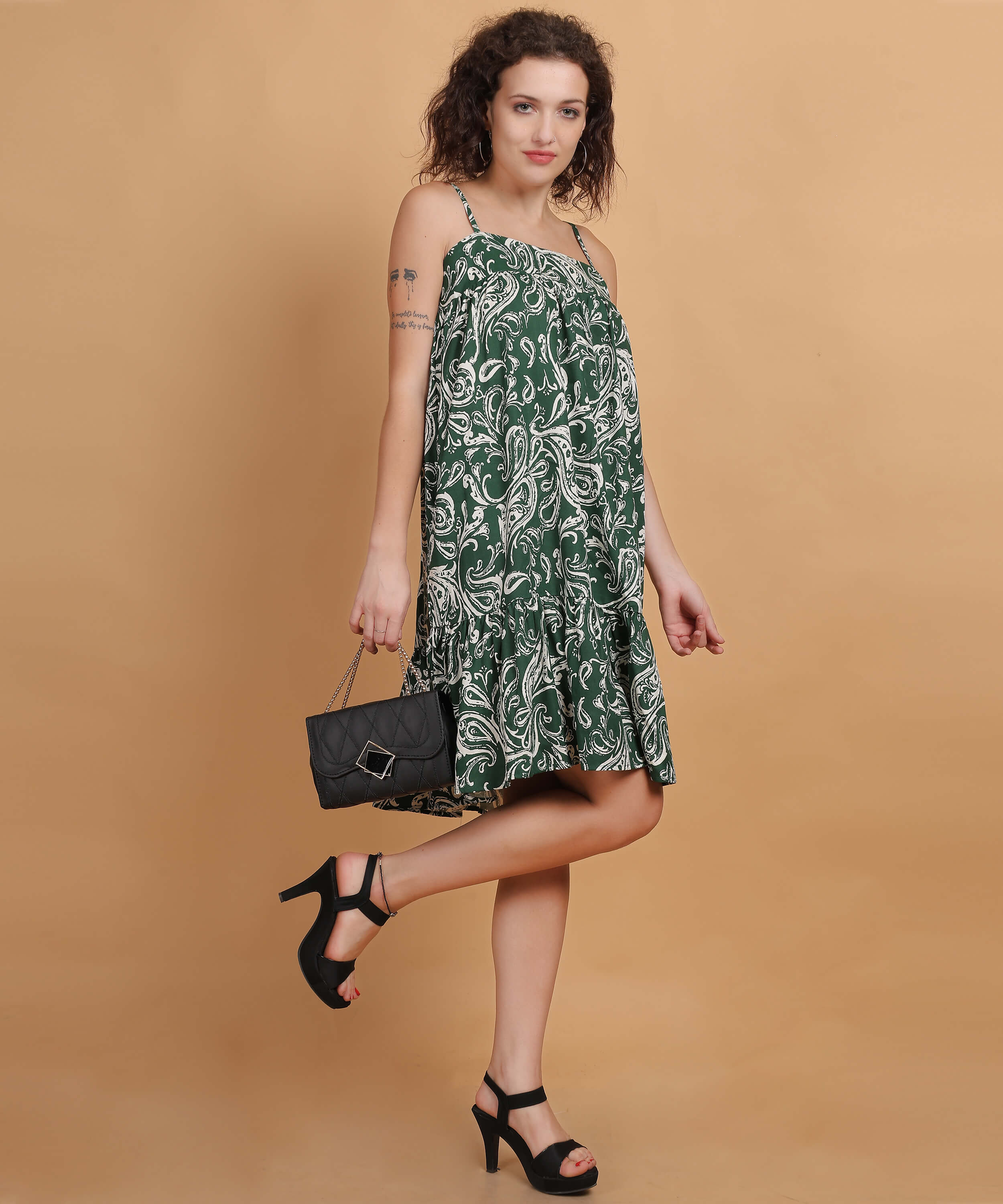 Green Paisley Print A-Line Dress