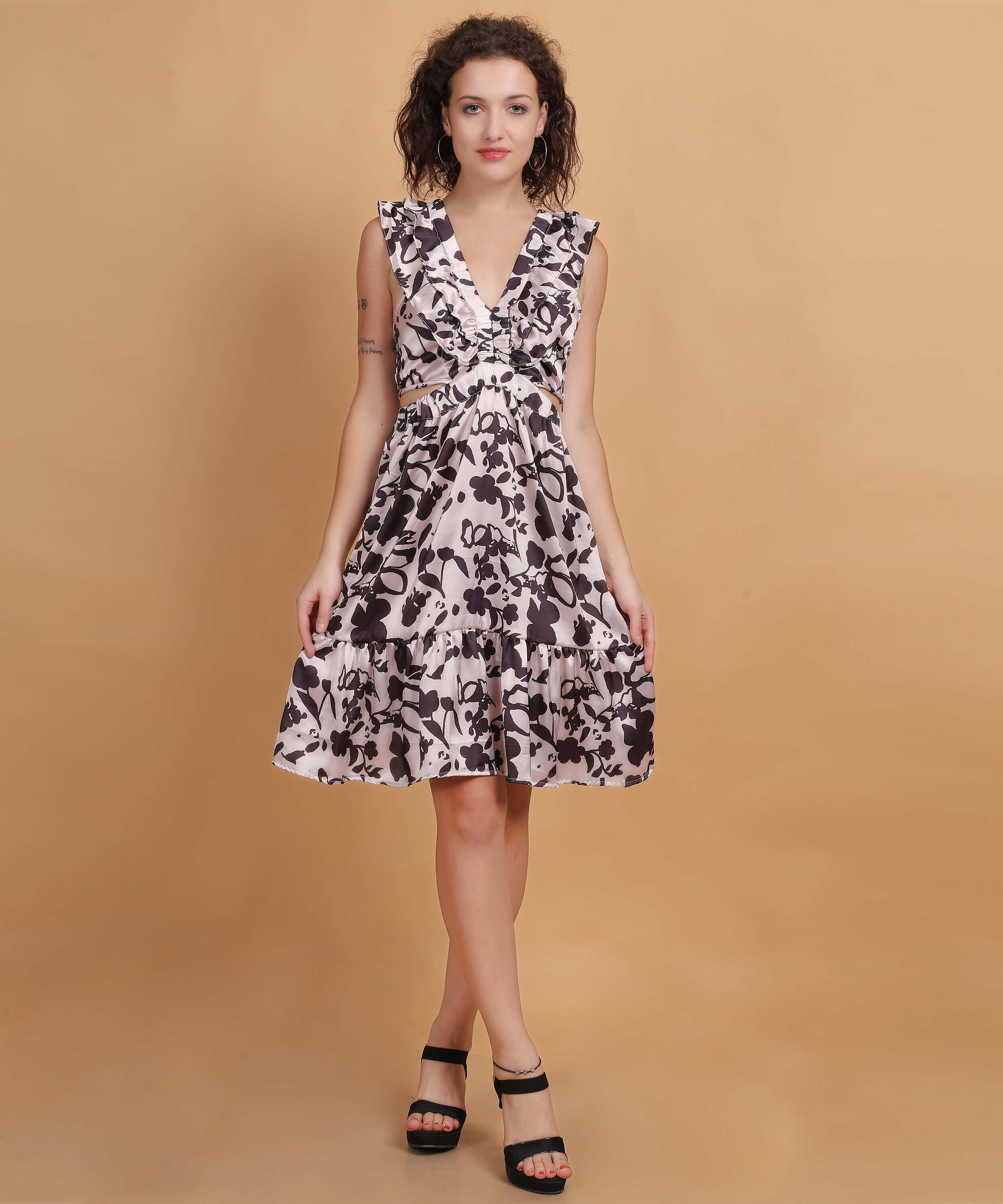 Floral Printed Ruffle Dress with Cut-Out Detail