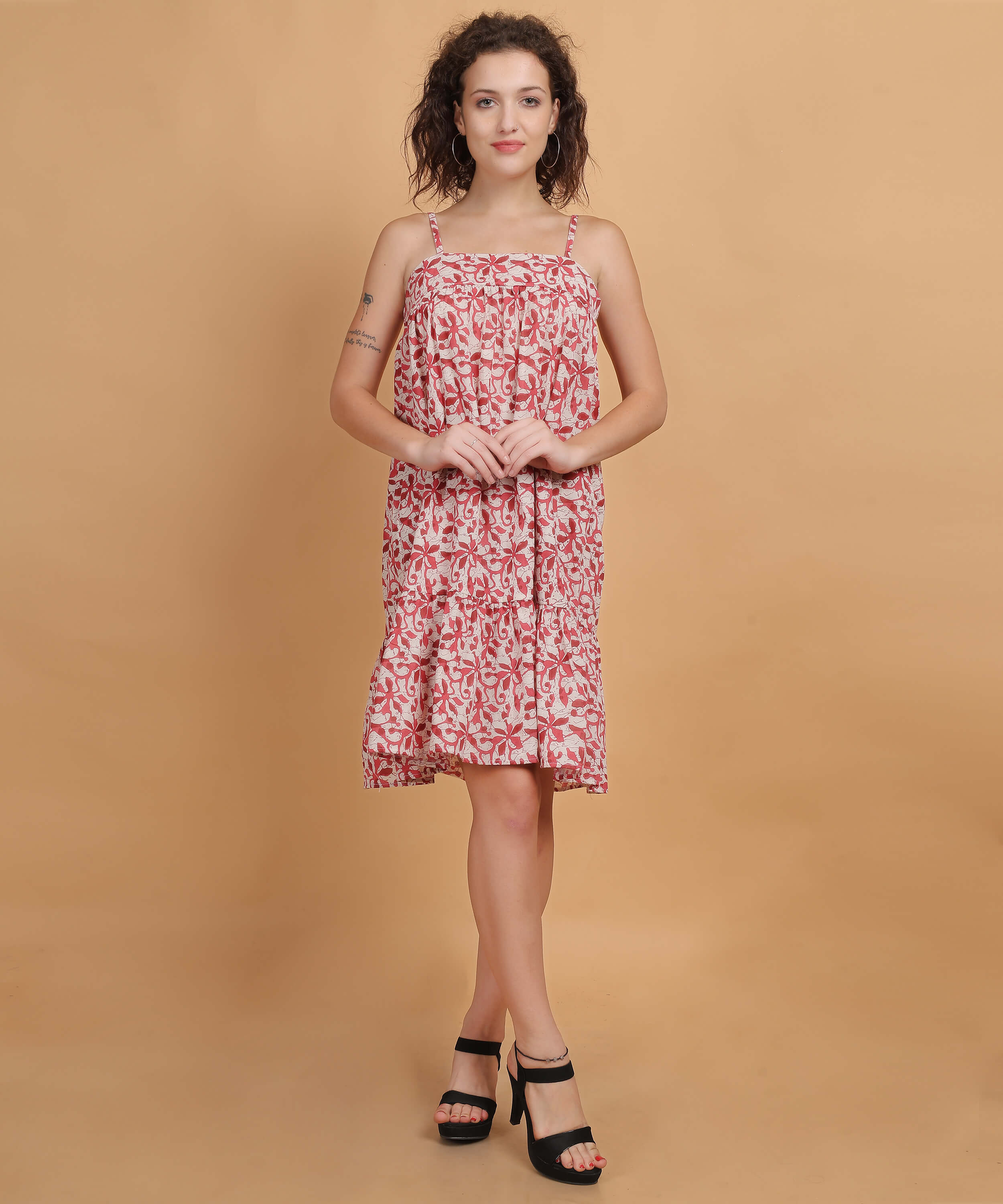 Spaghetti Strap Floral Print Tiered Dress