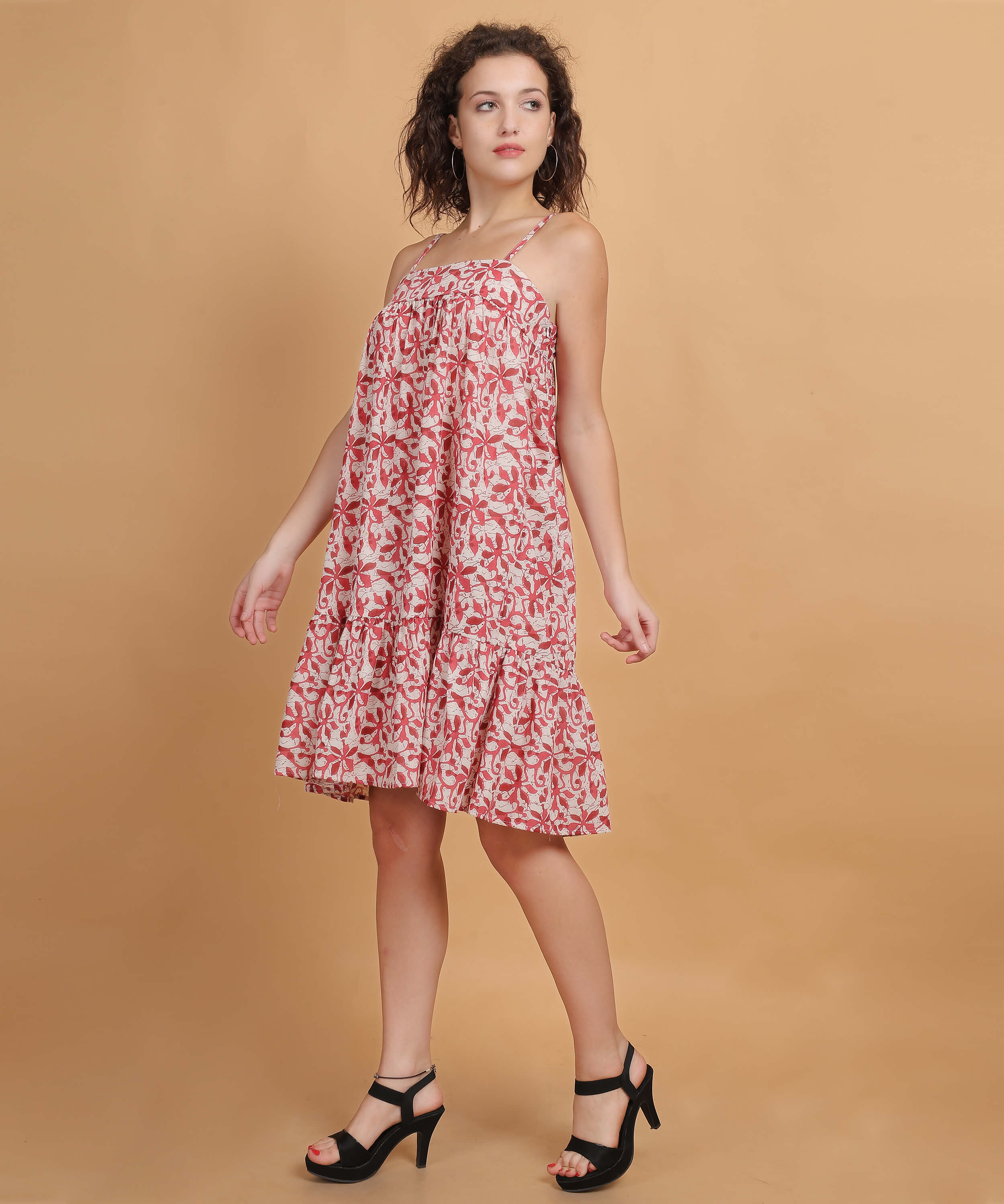 Spaghetti Strap Floral Print Tiered Dress