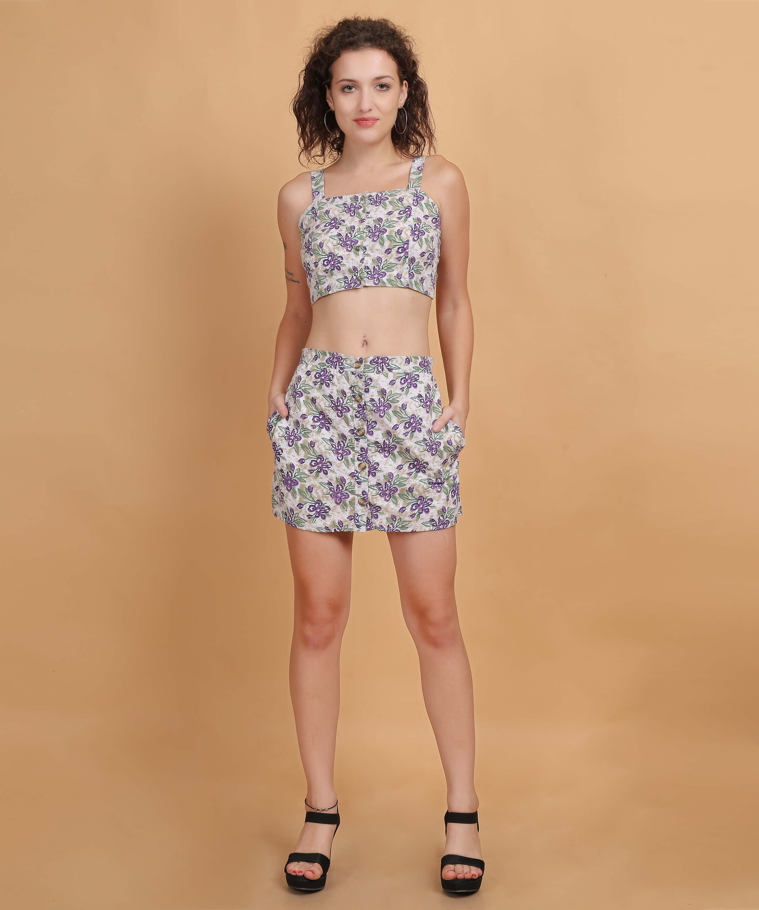 Women's Floral Print Crop Top & Skirt Co-ord Set