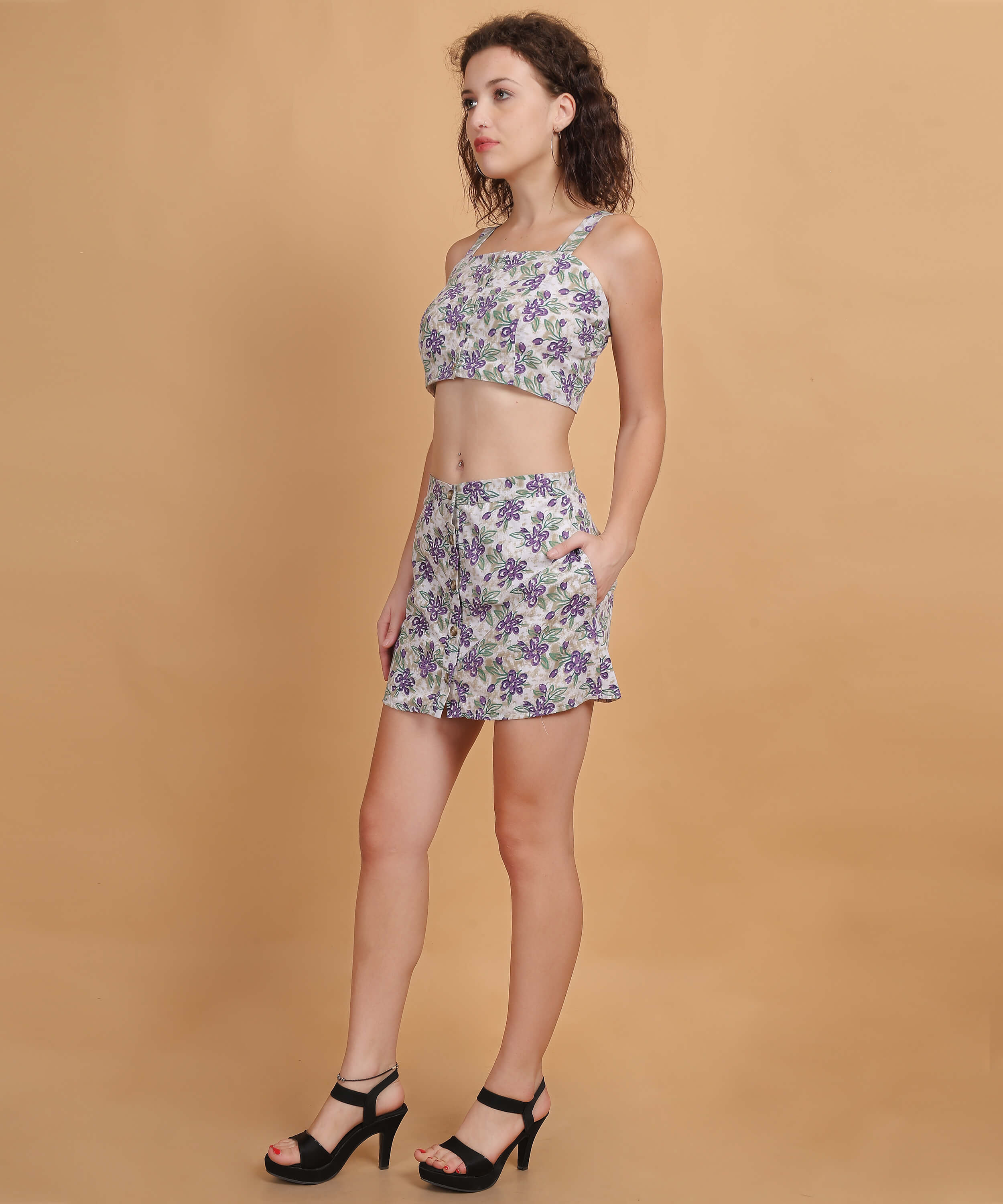 Women's Floral Print Crop Top & Skirt Co-ord Set