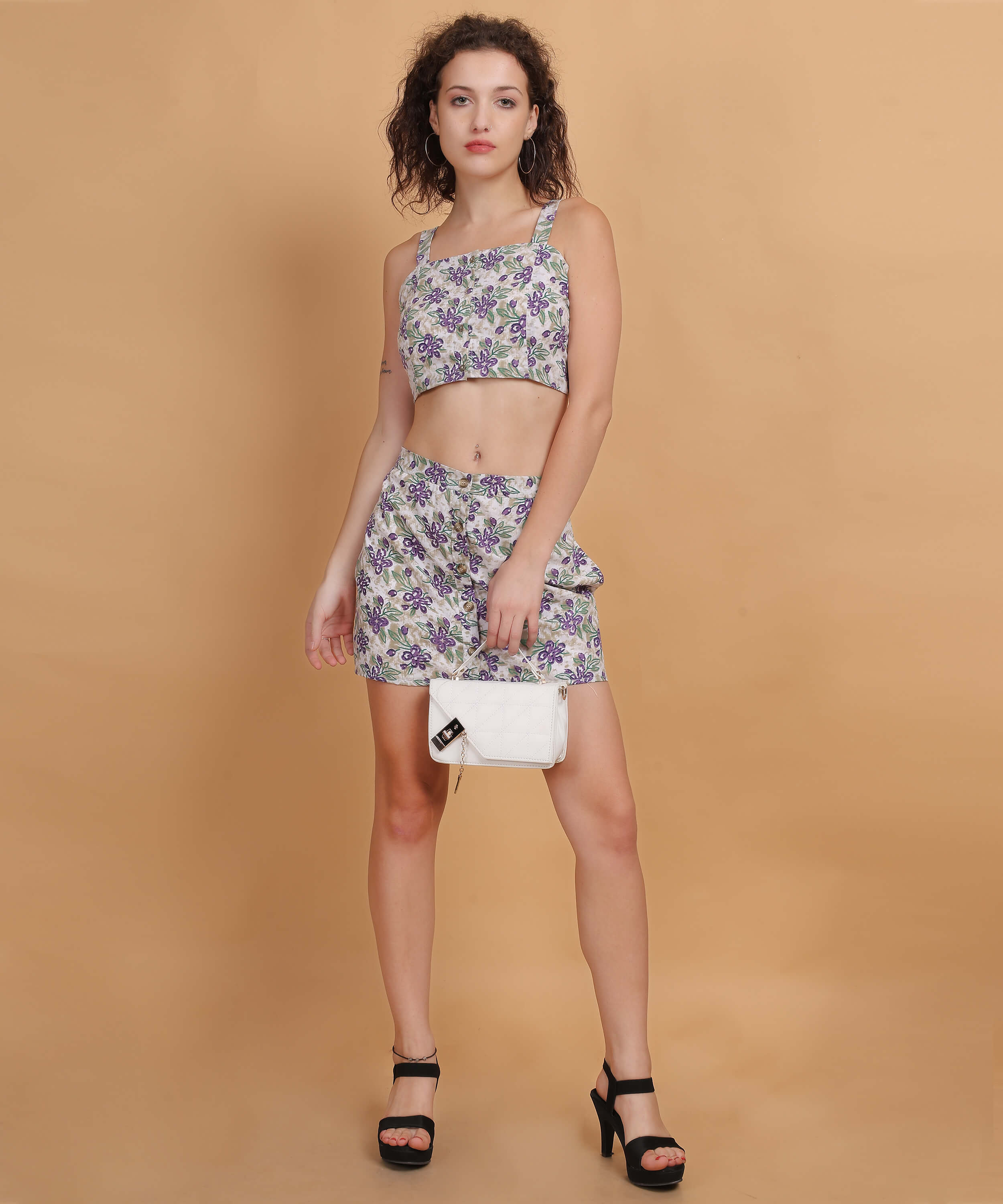 Women's Floral Print Crop Top & Skirt Co-ord Set