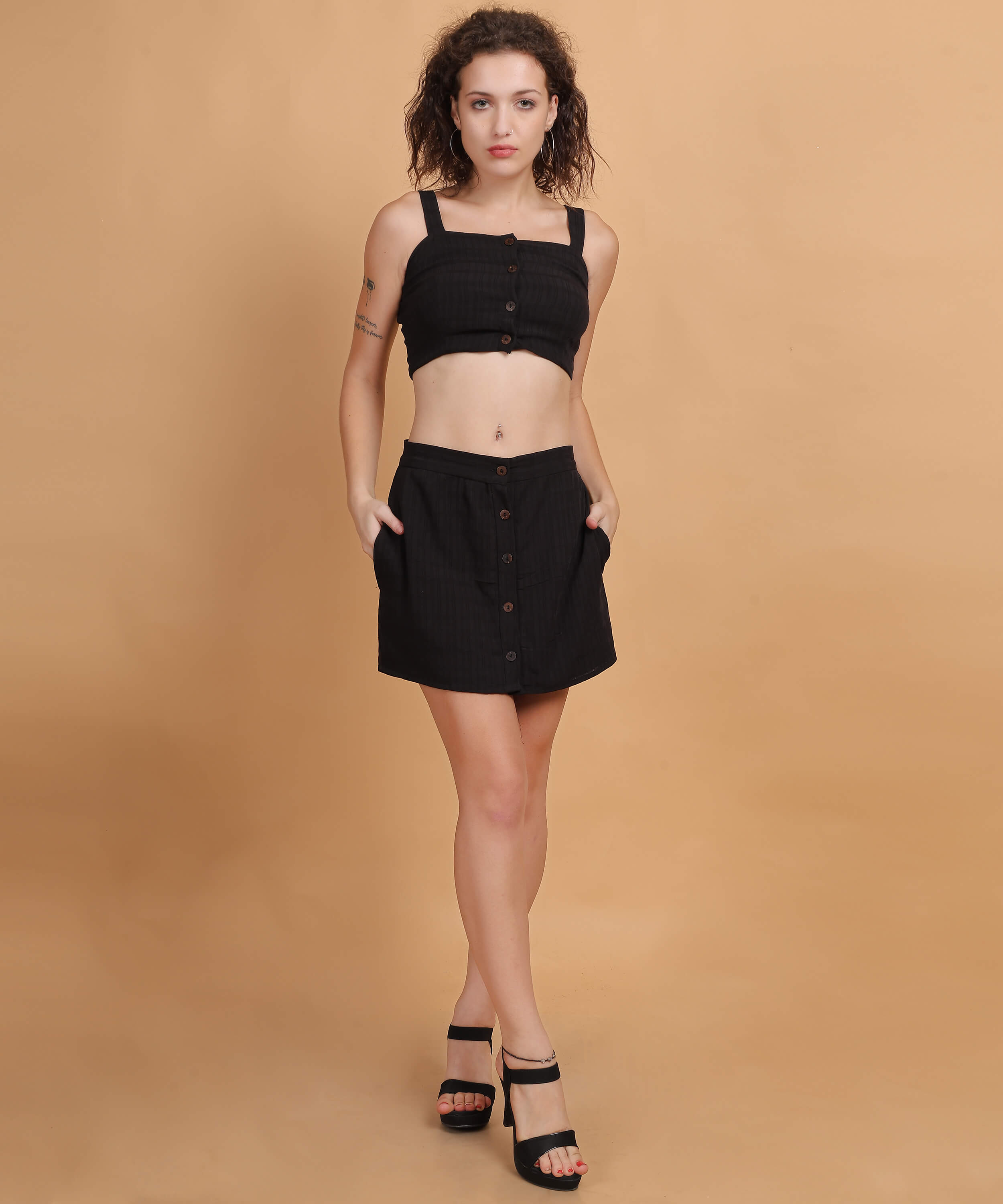 Women's Black Buttoned Crop Top & Skirt Co-ord Set