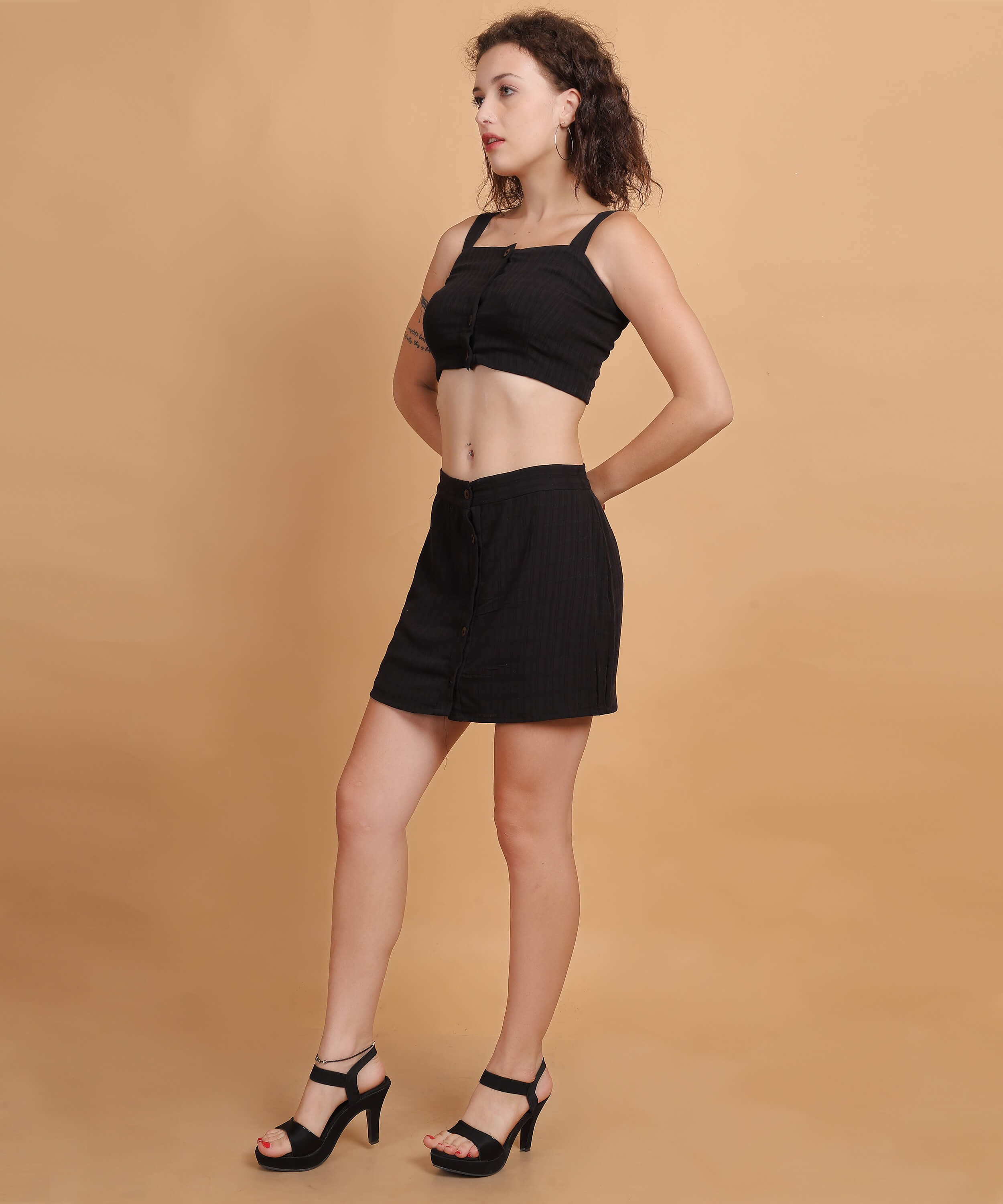 Women's Black Buttoned Crop Top & Skirt Co-ord Set