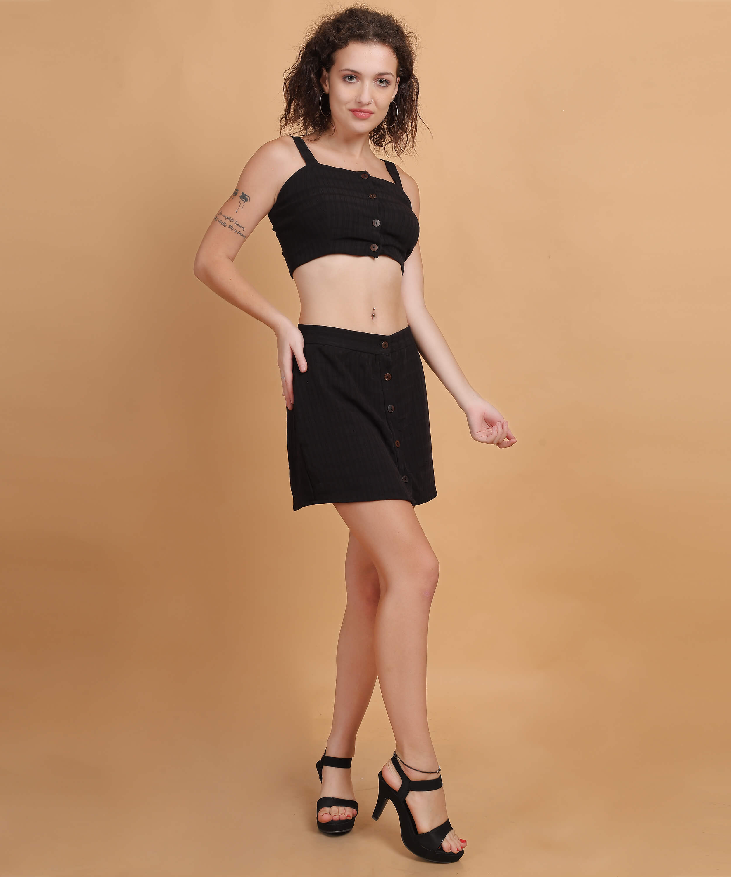 Women's Black Buttoned Crop Top & Skirt Co-ord Set