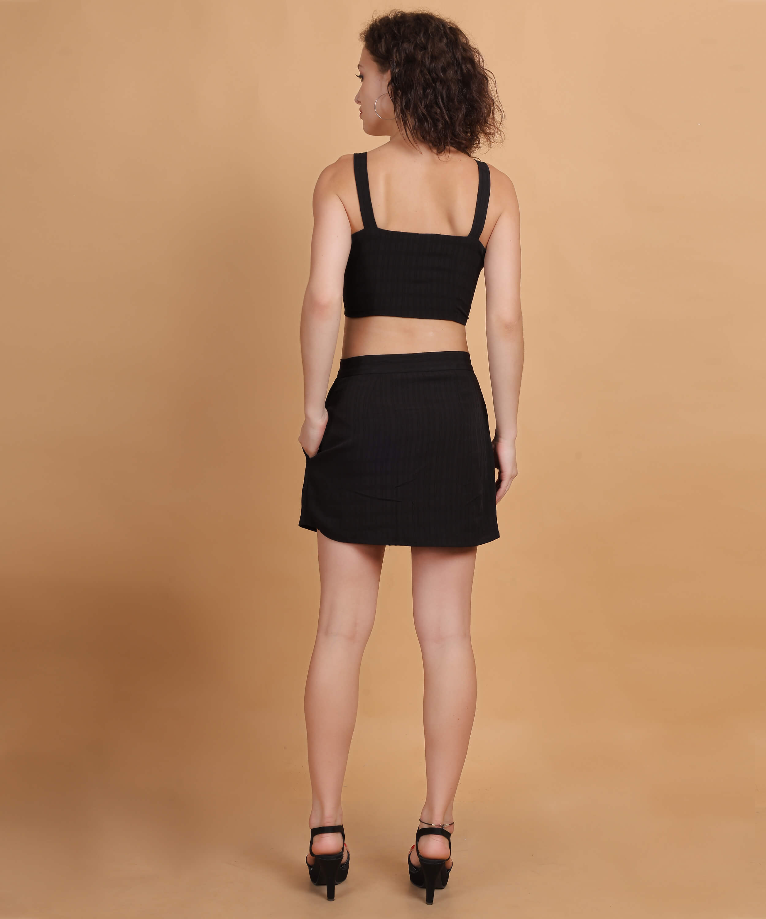 Women's Black Buttoned Crop Top & Skirt Co-ord Set