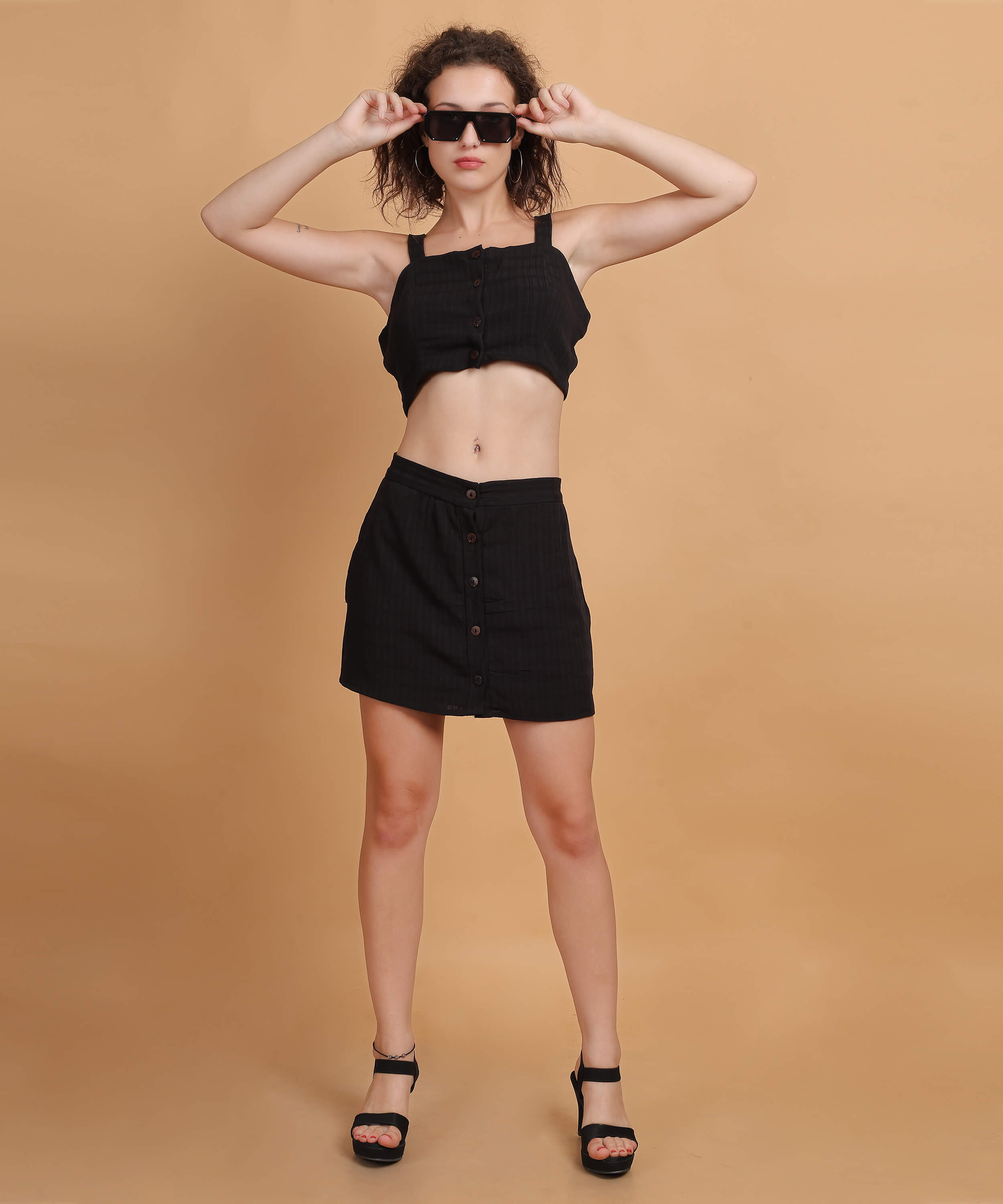 Women's Black Buttoned Crop Top & Skirt Co-ord Set